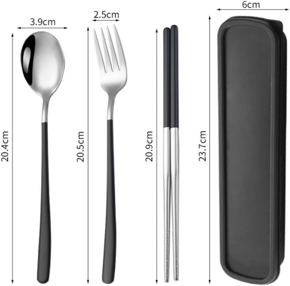 Jindizi 2 Set Portable Cutlery Set with Case Include Fork Spoon Chopsticks, Portable Travel Utensil Set, Reusable Stainless Steel Camping Utensils Set, Lunch Cutlery Set for Work School (Silver+Black)