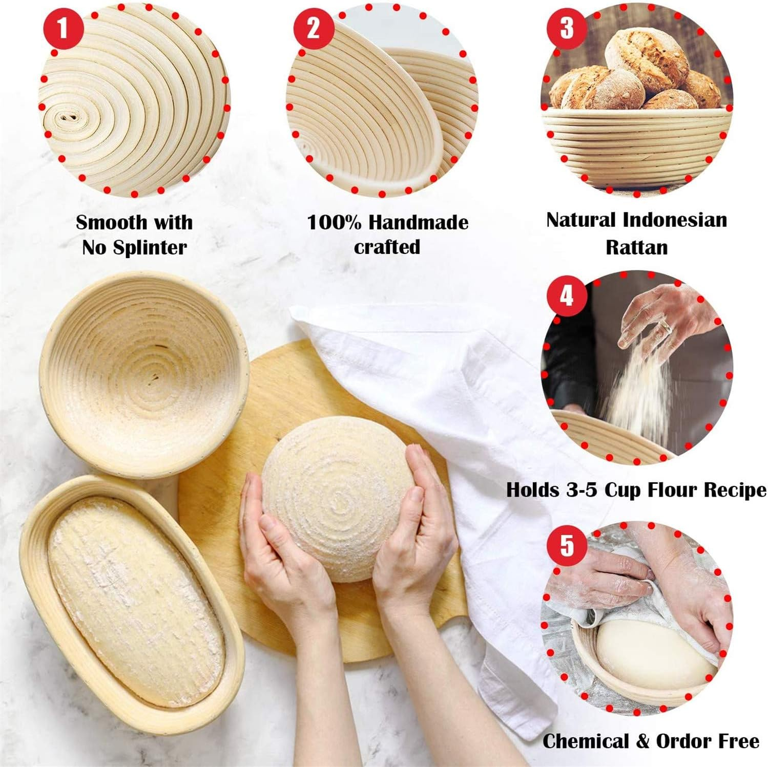 Bread Proofing Basket, Set of 2, 9 Inch round and 10 Inch Oval Banneton Sourdough Baskets with Bread Lame + Dough Scraper + Linen Insert + Pastry Brush for Bread Making, Baking Fermentation image number 1