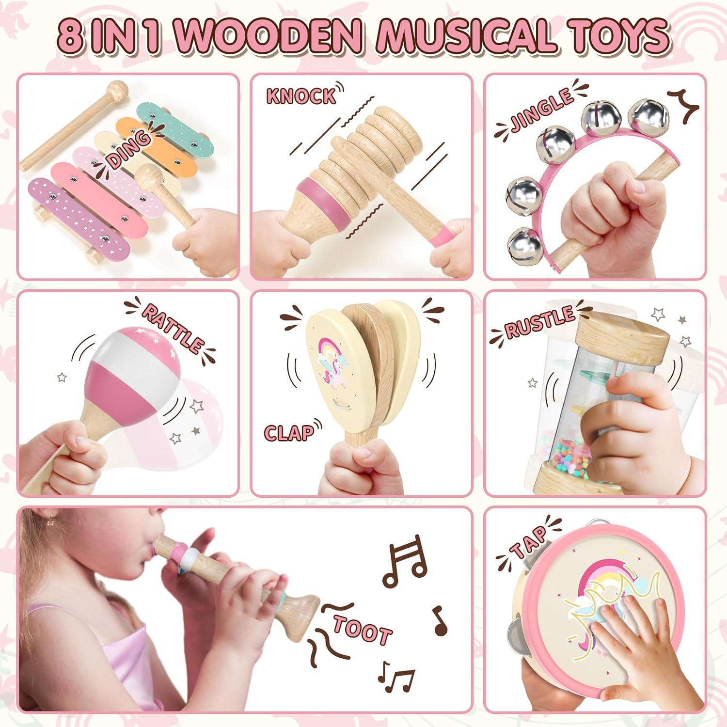 Lehoo Castle Wooden Montessori Musical Instruments Set, Toddler Toys with Xylophone, Tambourine, Drum, Clarinet, Hand Bells, Unicorn Theme