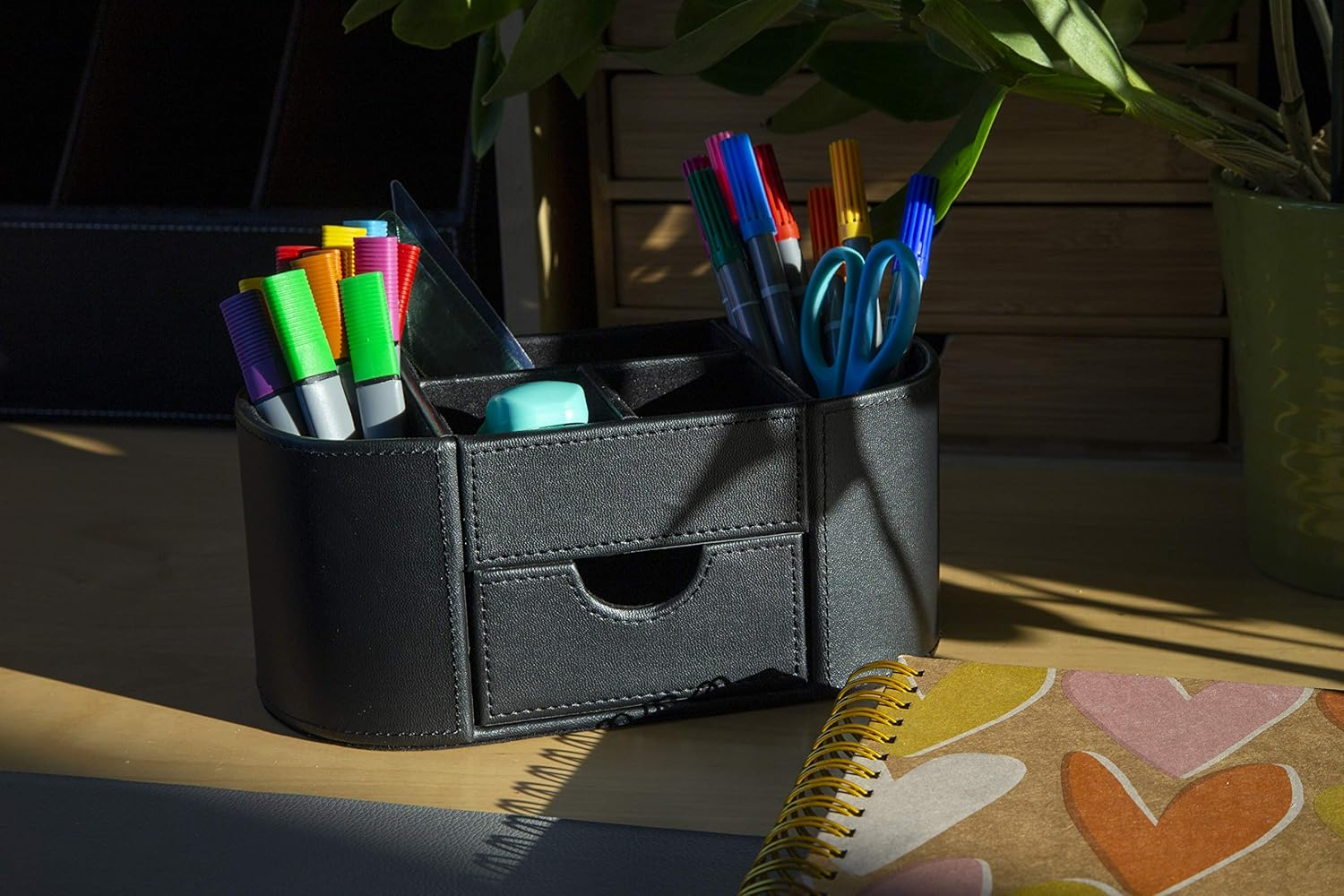OSCO Black Faux Leather Desk Organiser with Drawer | Desk Tidy | Pen Holder | Makeup Container | Pencil Storage | 6 Compartments | Stationery Caddy | H10 X W23 X D12 Cm |