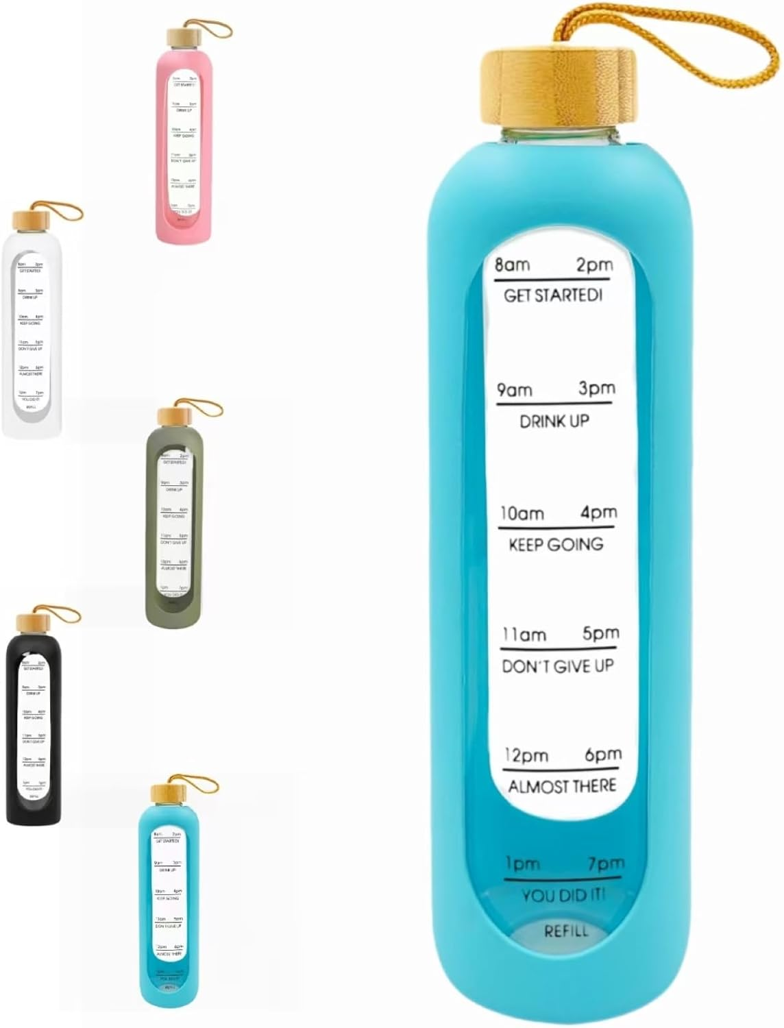 HENGFEI 1 Litre Borosilicate Glass Water Bottle with Time Markings and Reminder Quotes, Glass Drink Bottle 1L with Silicone Sleeve and Bamboo Lid. (Army Green Silicone Sleeve)