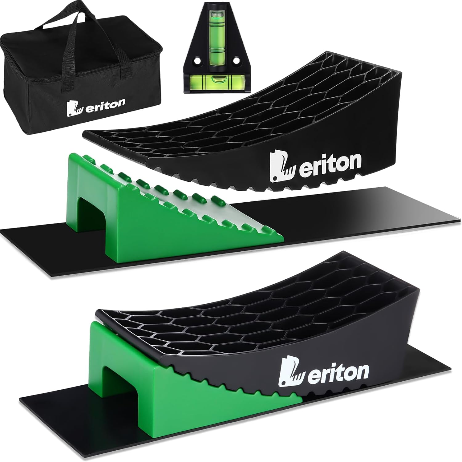 2 Pack RV Leveling Blocks Kit, Camper Leveler Ramp up to 35000 Lbs RV Leveler Including Chocks anti Slip Mats T Bubble Level Carry Bag for Single Dual Axle Trailers Trucks RV Campers image number 2