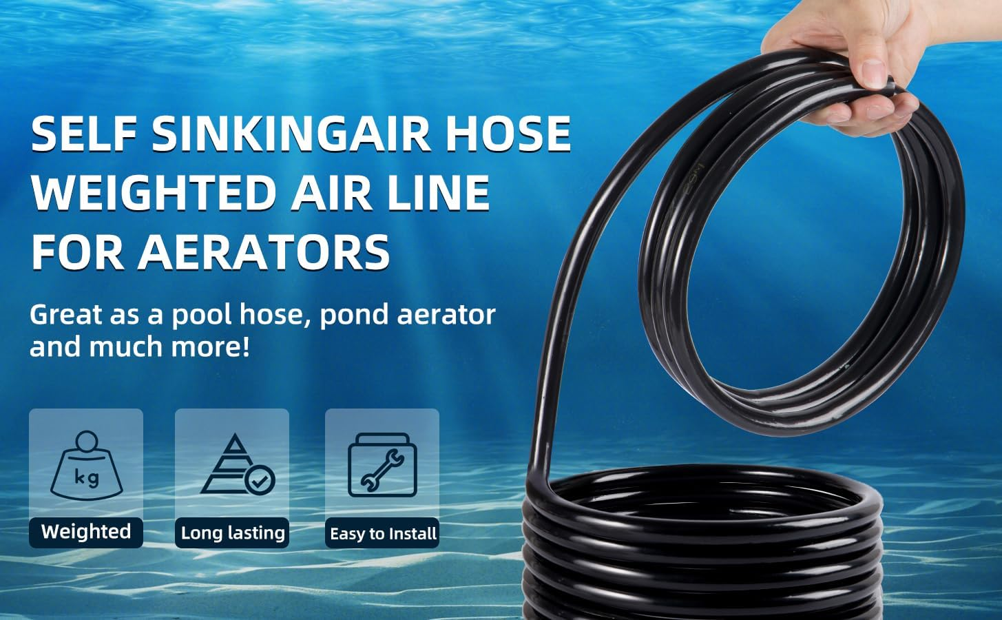 3/8 Inch Self Sinking Aeration Hose, 100 Feet Weighted Pond Aerator Tubing with 8 Stainless Steel Hose Clamps and 4 Copper Menders Used for Pond Aeration Kit image number 1