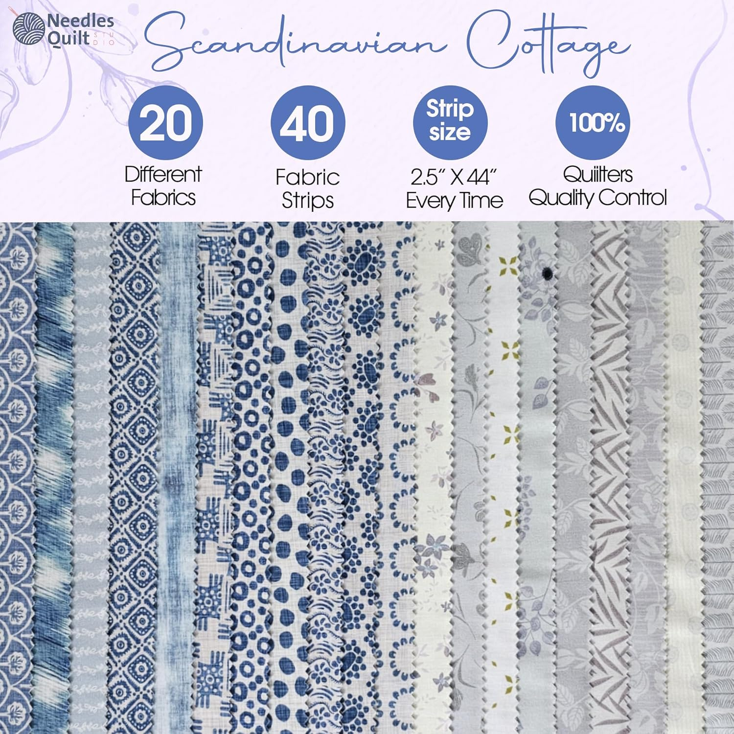 Needles Quilt Studio - 2.5" Precut 40 Fabric Strip Bundle (Scandinavian Cottage) | Cotton Strips Bundles for Quilting - Jelly Rolls for Quilting Assortment Fabrics Quilters & Sewing - Precuts Cloth