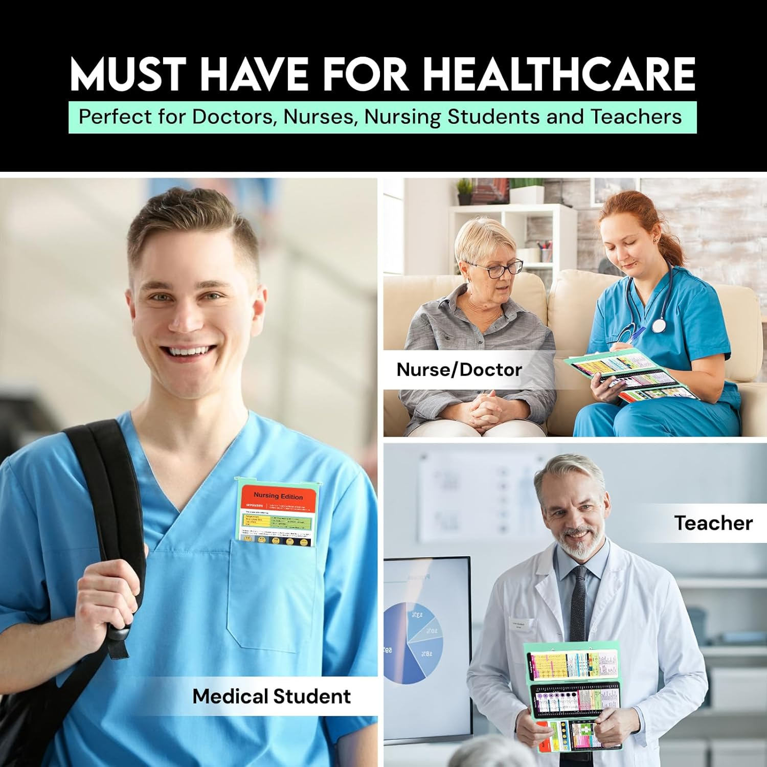 Nursing Clipboard with Nursing and Medical Edition Cheat Sheets 3 Layers Aluminum Foldable Nurse Clip Boards Notepad for Students, Nurses and Doctors (Mint) image number 5