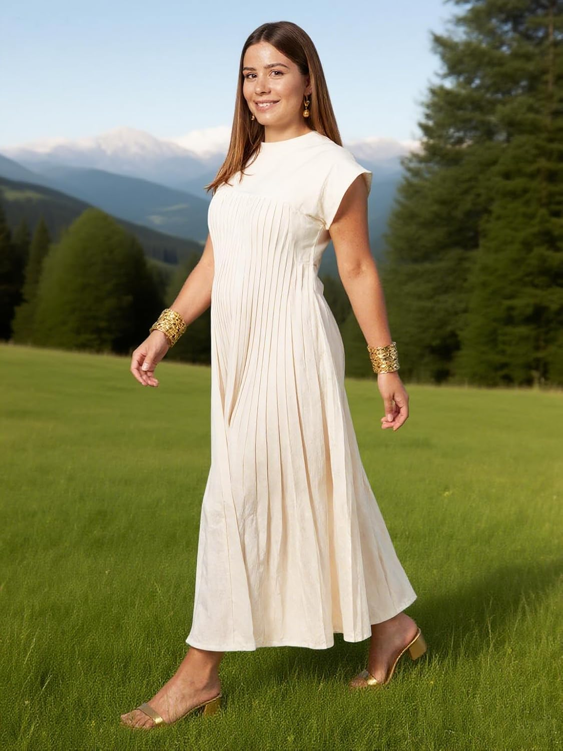 2025 Spring New Maternity Long Sleeve round Neck Pleated Dress Comfortable image number 1