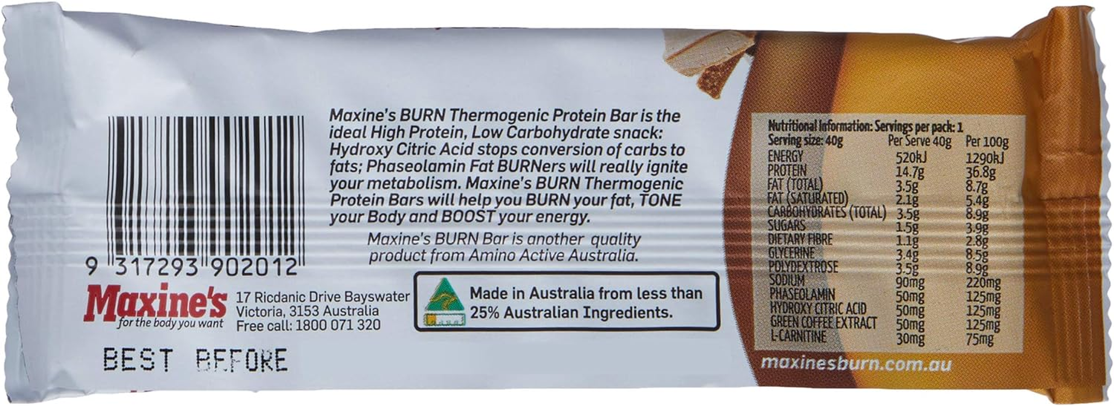 Maxine'S Burn Fat Burning Protein Bars, Caramel Crunch, Box of 12 X 40G Bars image number 1