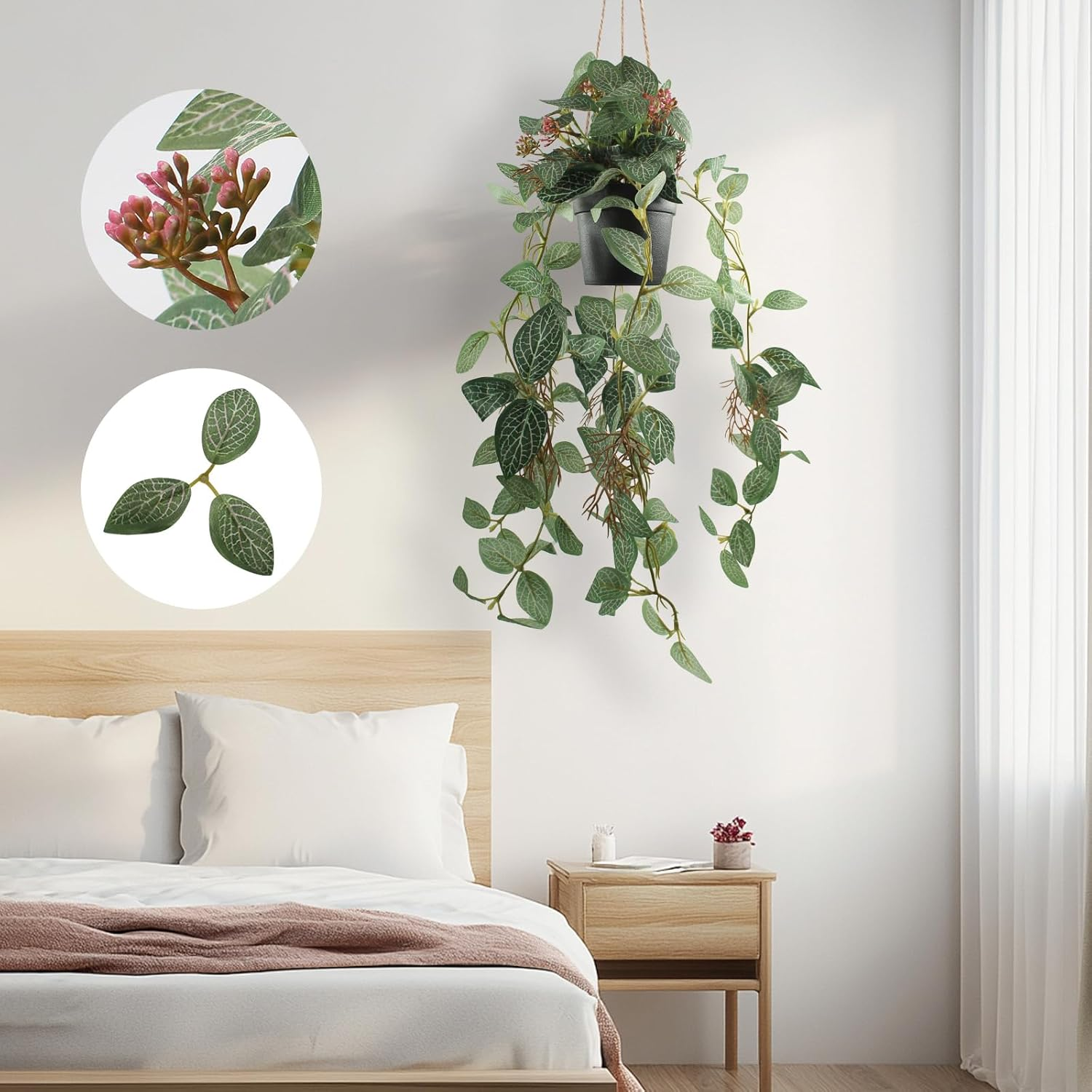 2 Pcs Artificial Hanging Plants Realistic Watermelon Texture with Flower Buds Fake Potting Leaves Faux Peperomia Vine Green Plants for Indoor Outdoor Home Garden Decor - A image number 6