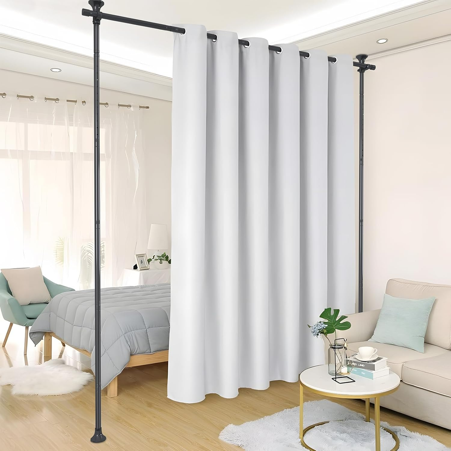 Room Divider, No Drilling Curtain Rods for Room Separation, Adjustable Heavy Duty Floor to Ceiling Hanging Wall Divider Tension Partition Room Separator for Dividing Room, 28-70Inch(W), 4-10Ft (H)