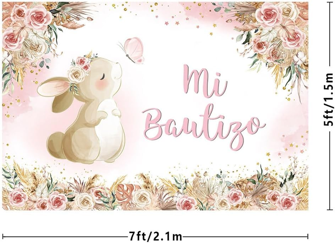 MEHOFOND 2.1 X 1.5 M Girls Christening Background Rabbit My First Communion Cross Bohemian Flower Photography Background Dove Communion Church Christening Party Decoration Banner Studio Supplies image number 2