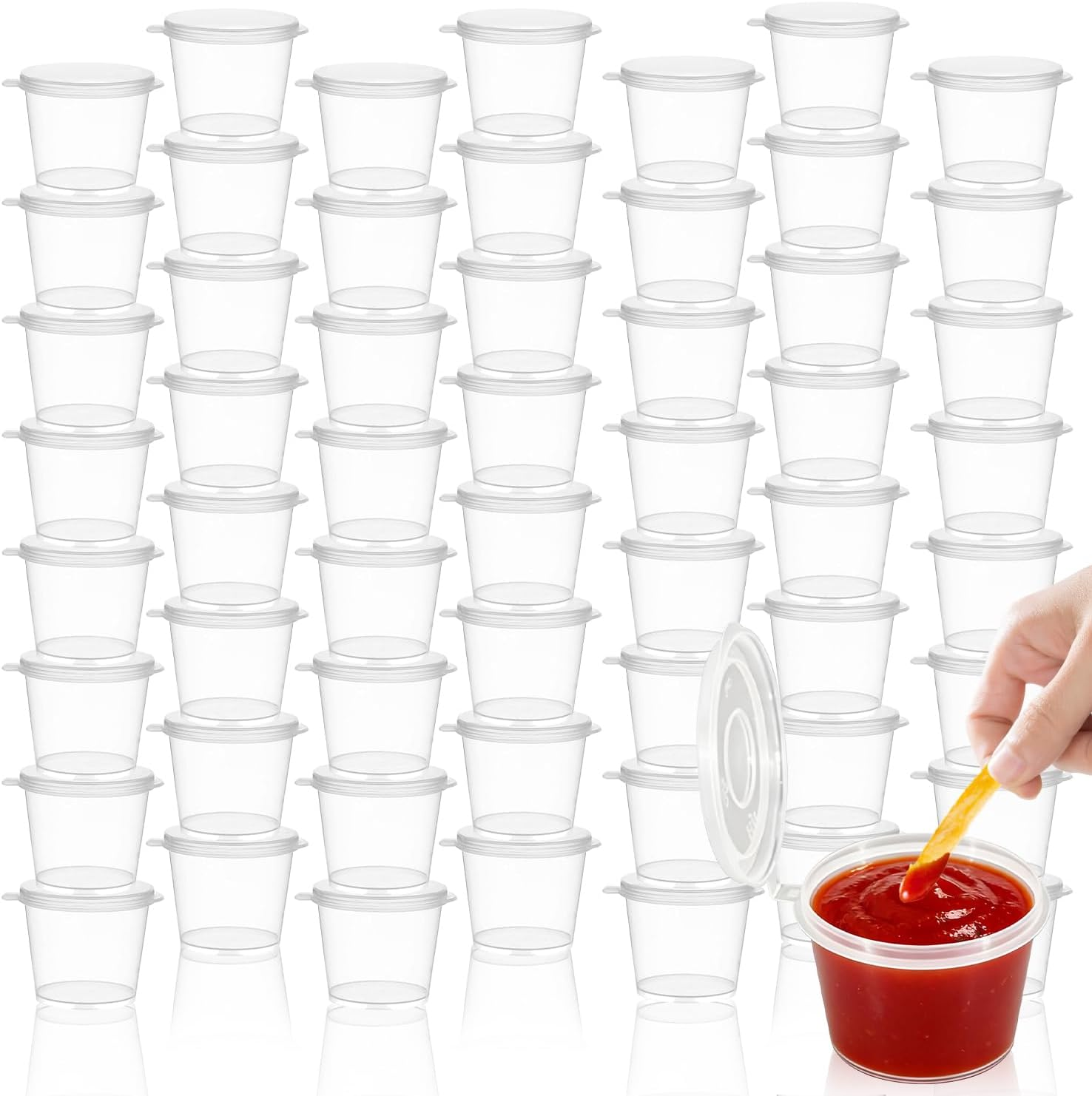 100 Pack round Food Container Pots with Lids, Plastic Cups with Lids Reusable Shot Condiment Cup,Dipping Sauce & Salad Dressing、Clear Small Deli Pot Restaurants Takeaways Sauce Container (Transparent) image number 5