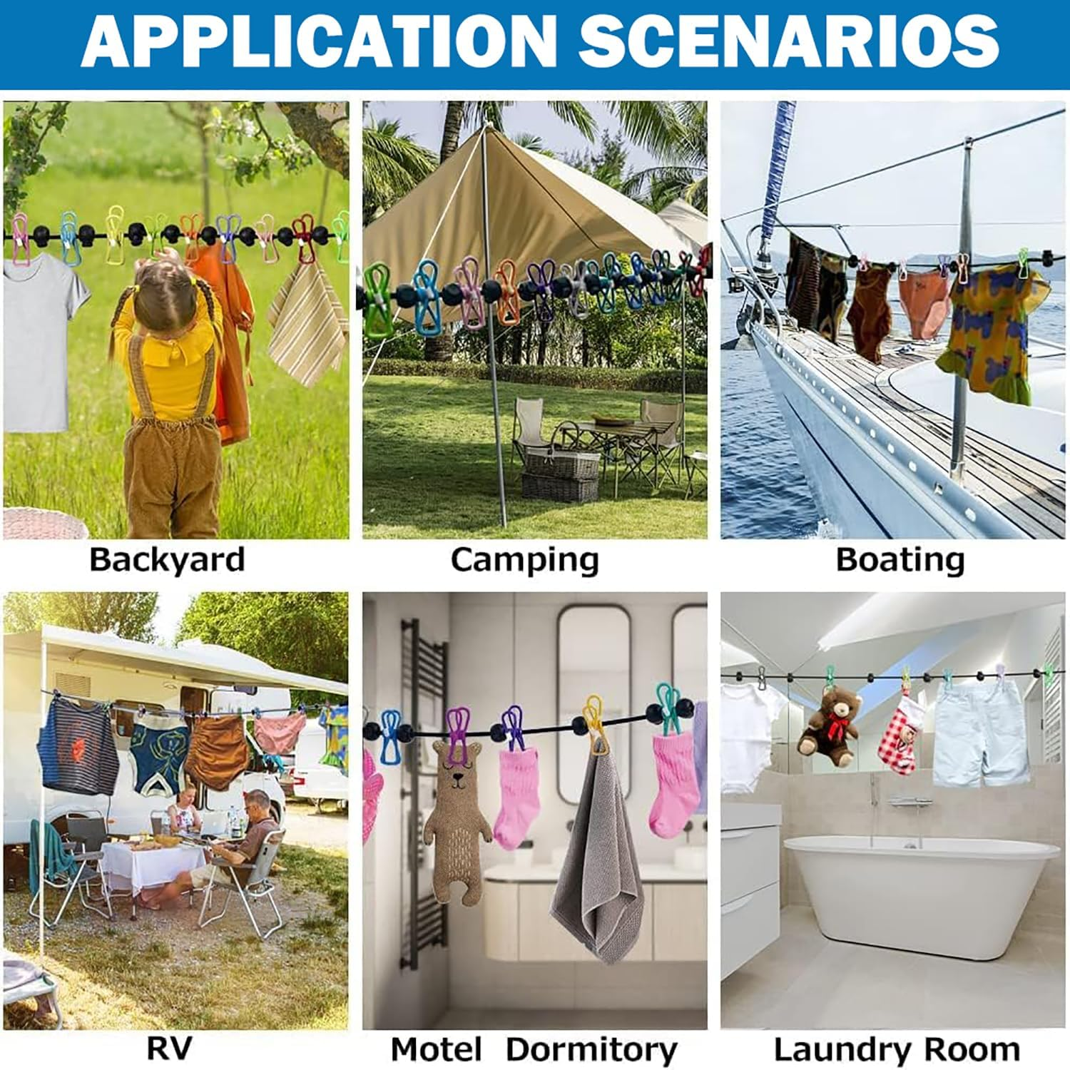 Portable Clothesline for Travel &ndash; Windproof, Non-Slip, 12 Clips | Indoor/Outdoor Drying 4M Line for Camping, RV, Balcony, Hotel,Cruise Ship