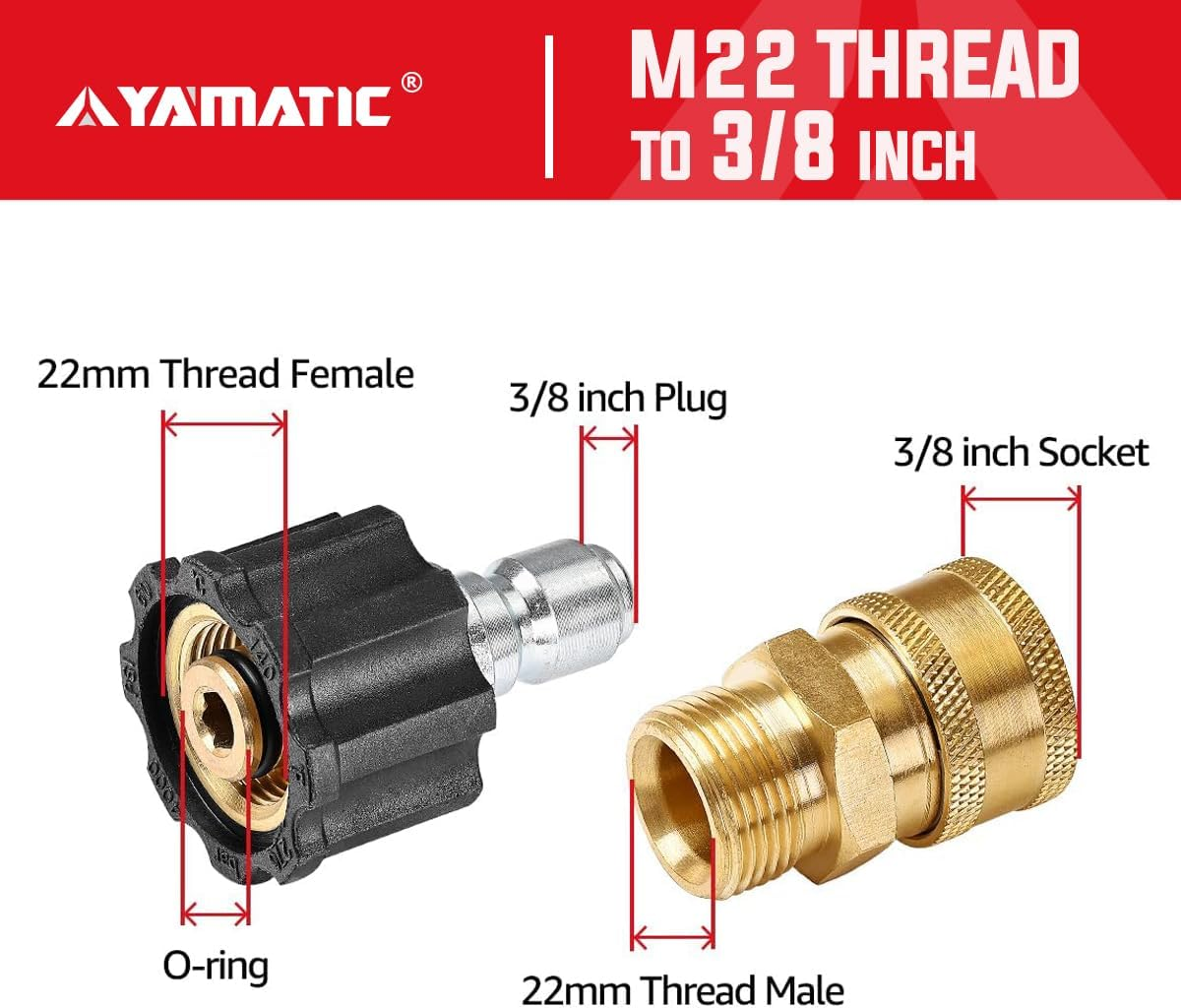 YAMATIC Pressure Washer Adapter Set Quick Connect Kit, M22-14Mm to 3/8" Quick Connectors, 4000 PSI Pressure Couplers Fittings for a Pressure Washer, Hose, and Gun (2 PCS) image number 1