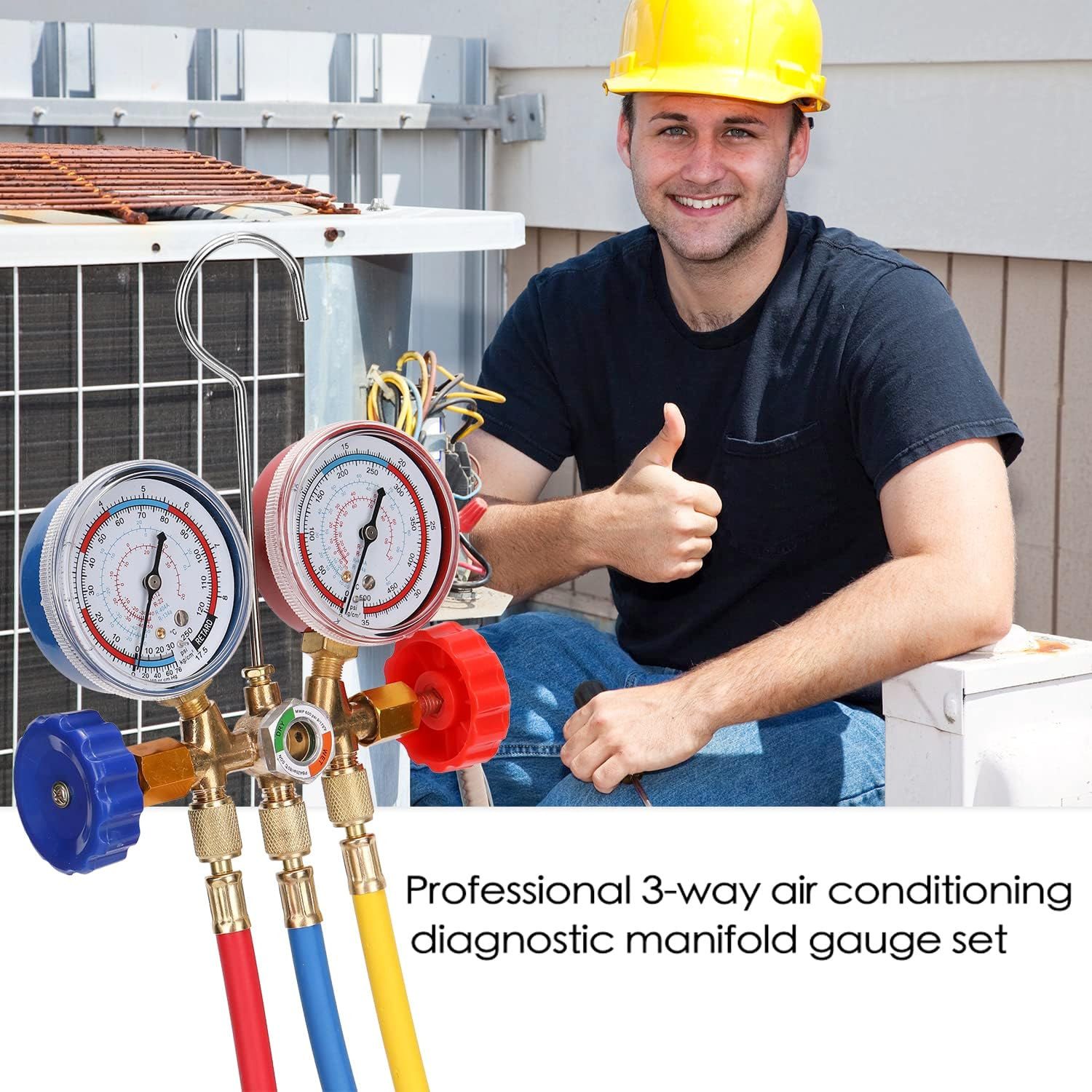 3 Way Refrigerant Gauge AC Diagnostic Manifold Freon Gauge Set Refrigerants with Couplers and Acme Adapter image number 6