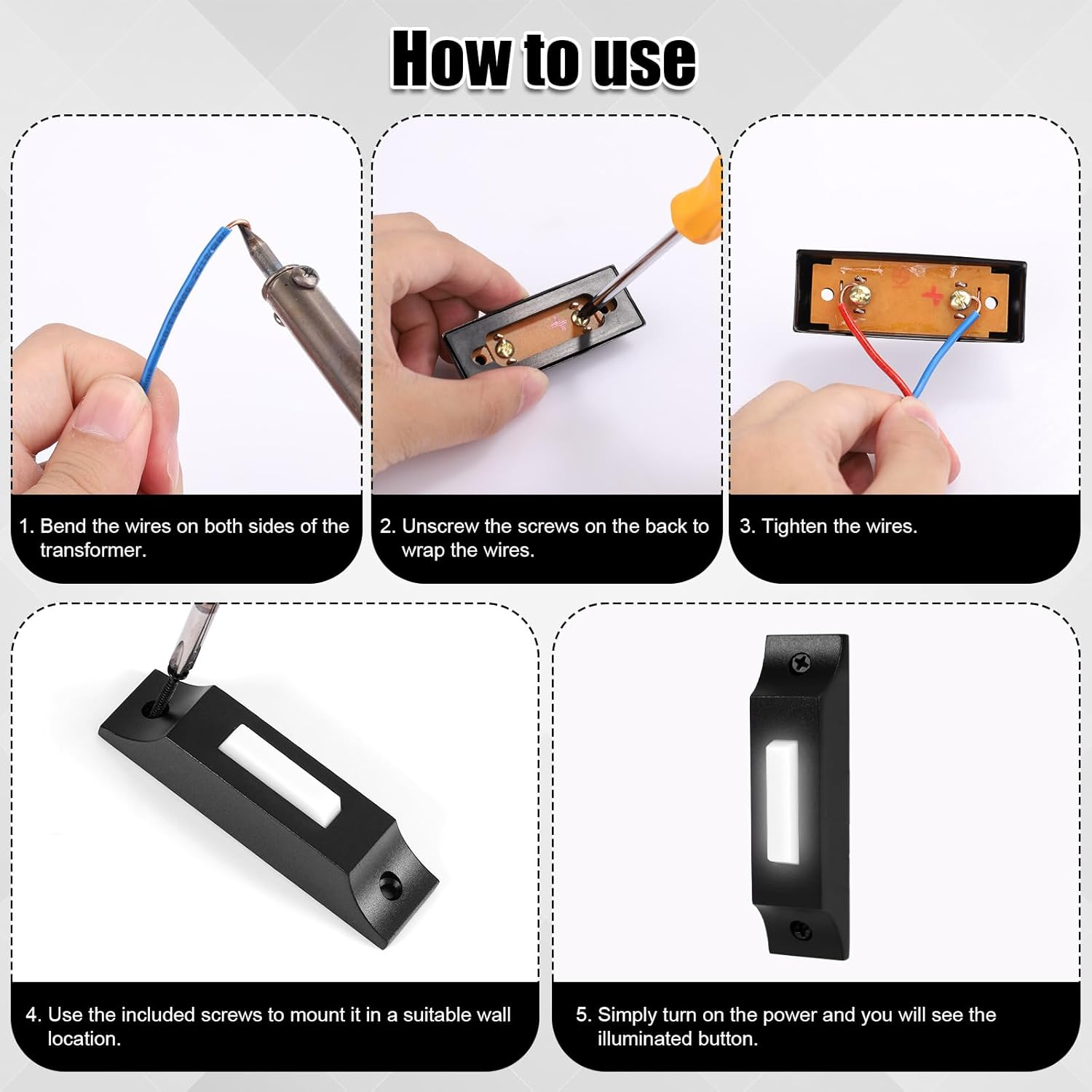 Doorbell Button, Zinc Alloy Wired Doorbell Lighted Garage Door Button with 2 Screws Black White Wired Doorbell Button for Home Office image number 2