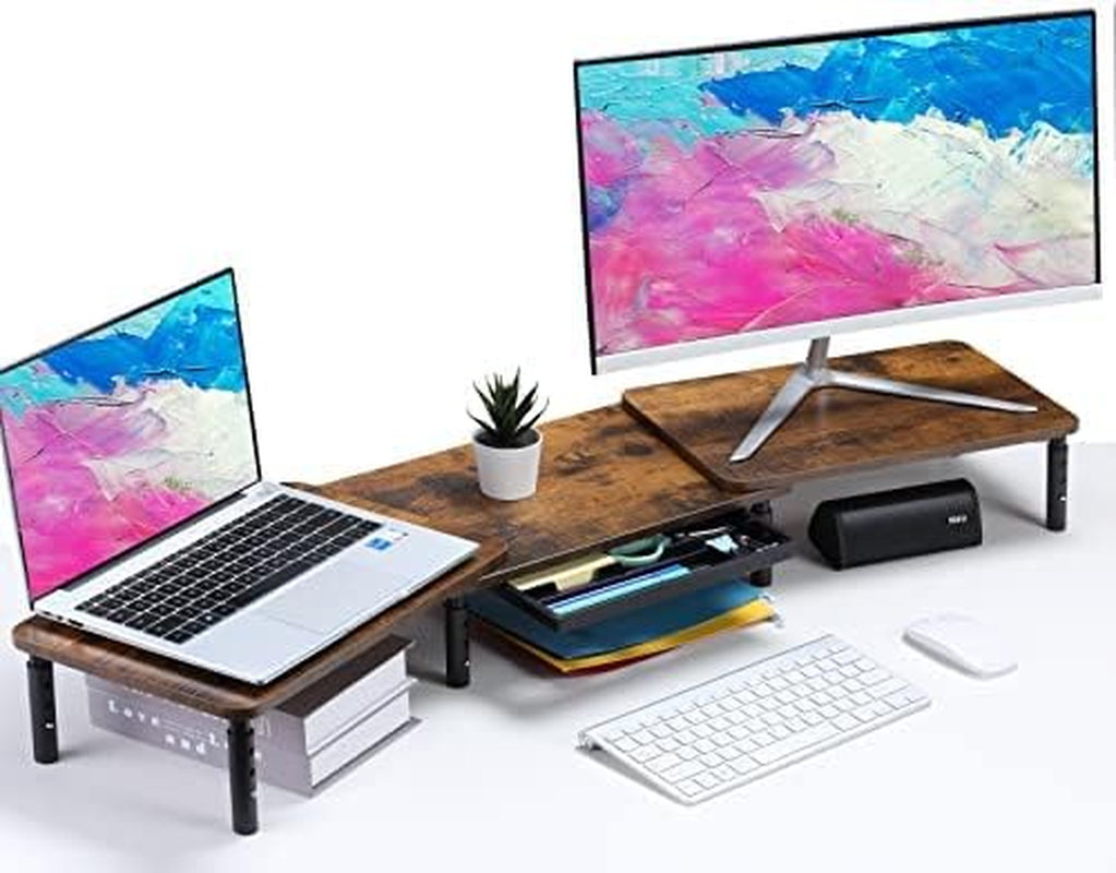 ETHU Dual Monitor Stand Riser for Desk, Computer Desk Monitor Stands for 2 PC Monitors, Computer, Laptop and Printer, 3 Adjustable Shelf Length and Angle Desktop Stand with Phone Holder and Drawer, Office Supplies, Computer Accessories(Walnut) image number 5