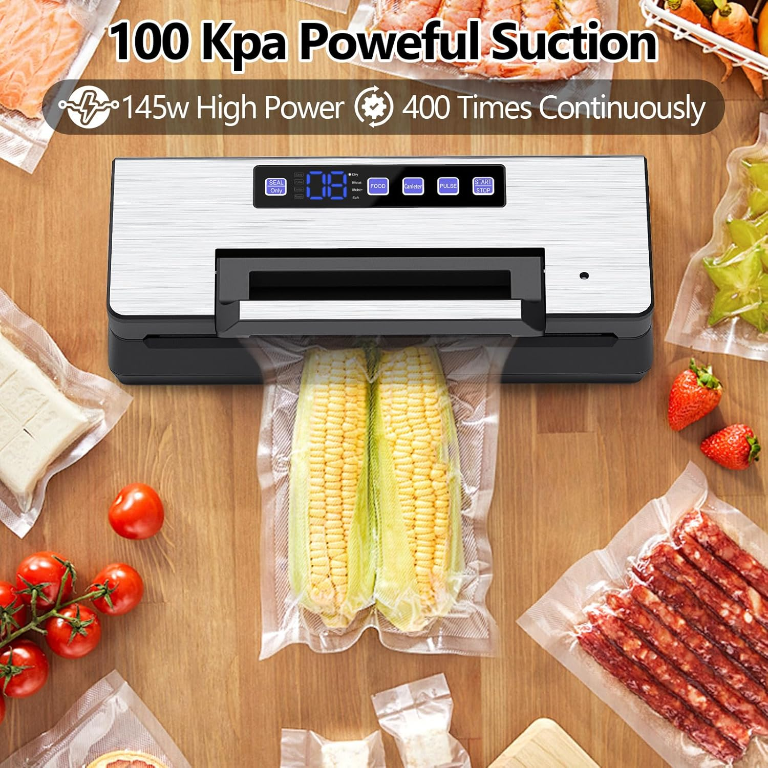 Oolong Food Vacuum Sealer Machine Heavy-Duty Automatic, 100KPA Powerful Suction, Dry Moist Sealing Modes, 300Mm Seal, Built-In Cutter, Bag Storage & Detachable Tray, Starter Kit with Hose, Bags image number 6