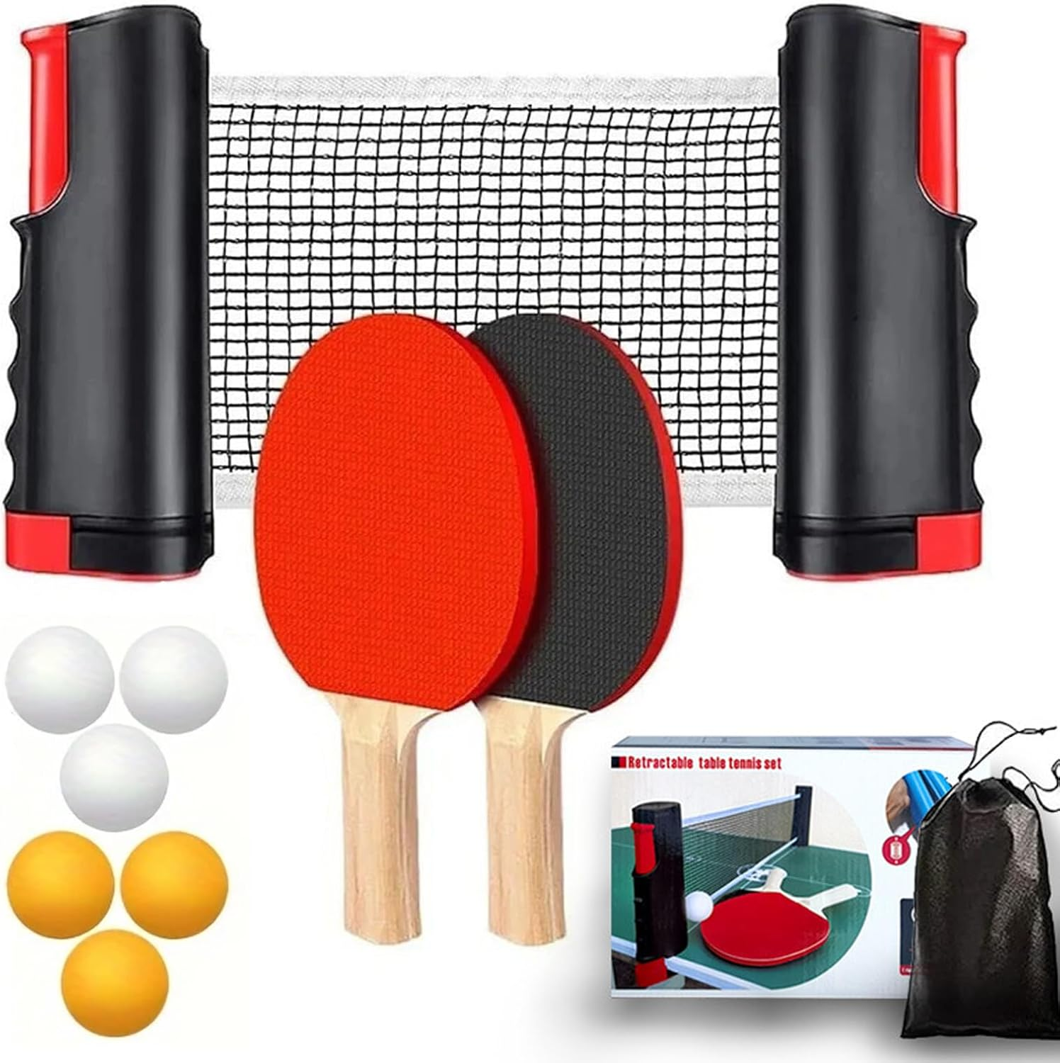 MYLEUS Portable Ping Pong Set with Retractable Net, 2 Paddles, 6 Balls, Storage Mesh Bag - Indoor/Outdoor Table Tennis Kit image number 2