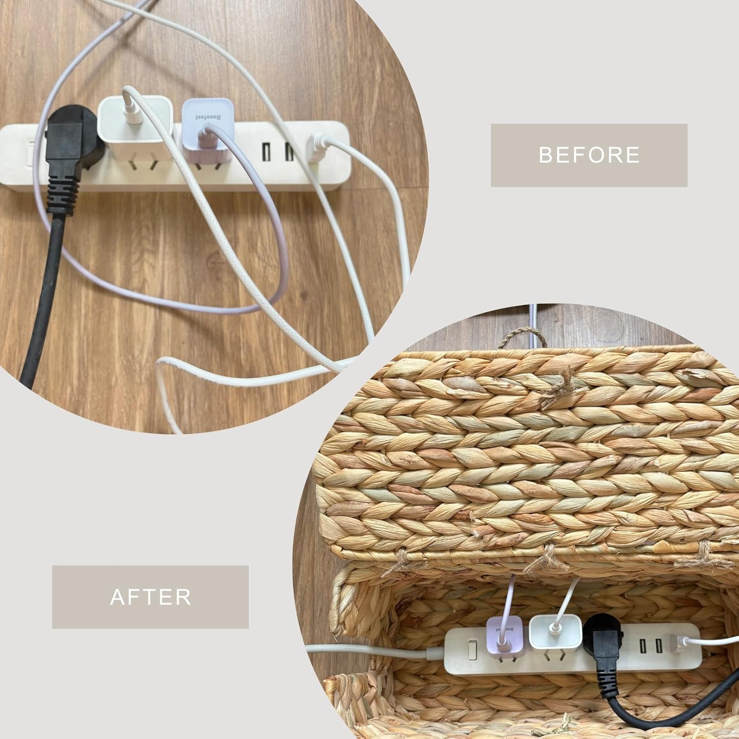 BINH YEN HOME Wicker Cable Management Box with Lid, a Handwoven Water Hyacinth Cords Hider Box for TV, Computer, Router, USB Hub to Hide Cords & Power Strip for Desk, Floor, Office 12.8X5.5X5.5 image number 2