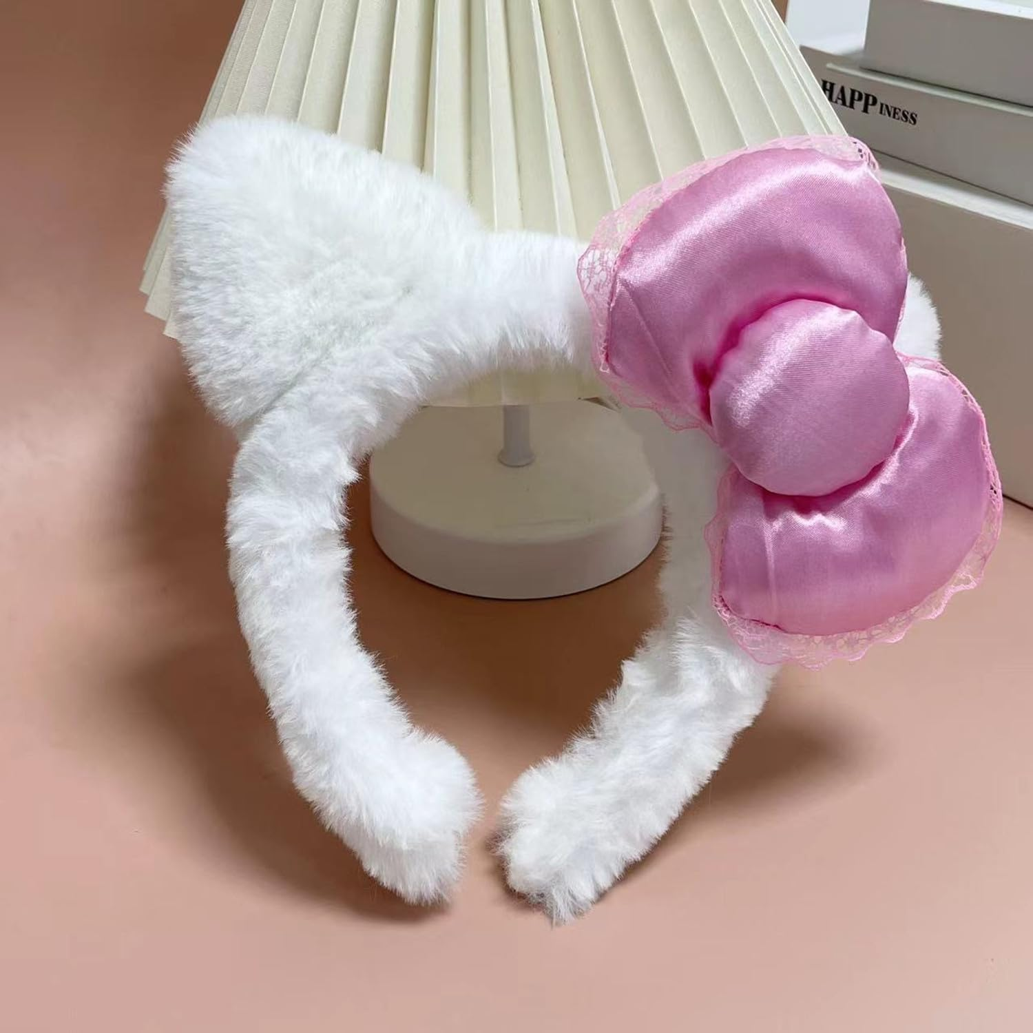 Cat Ears Headband Pink Bow White Hair Accessories, Kitty Bow Costume Hair Accessories Kawaii Stuff Gift image number 3