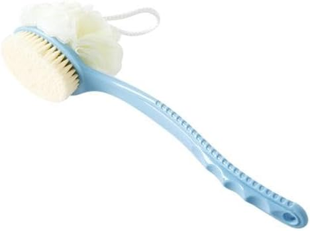 JZS Shower Body Brush with Bristles and Loofah,Back Scrubber Bath Mesh Sponge with Curved Long Handle for Skin Exfoliating Bath, Massage Bristles Suitable for Wet or Dry, Men and Women