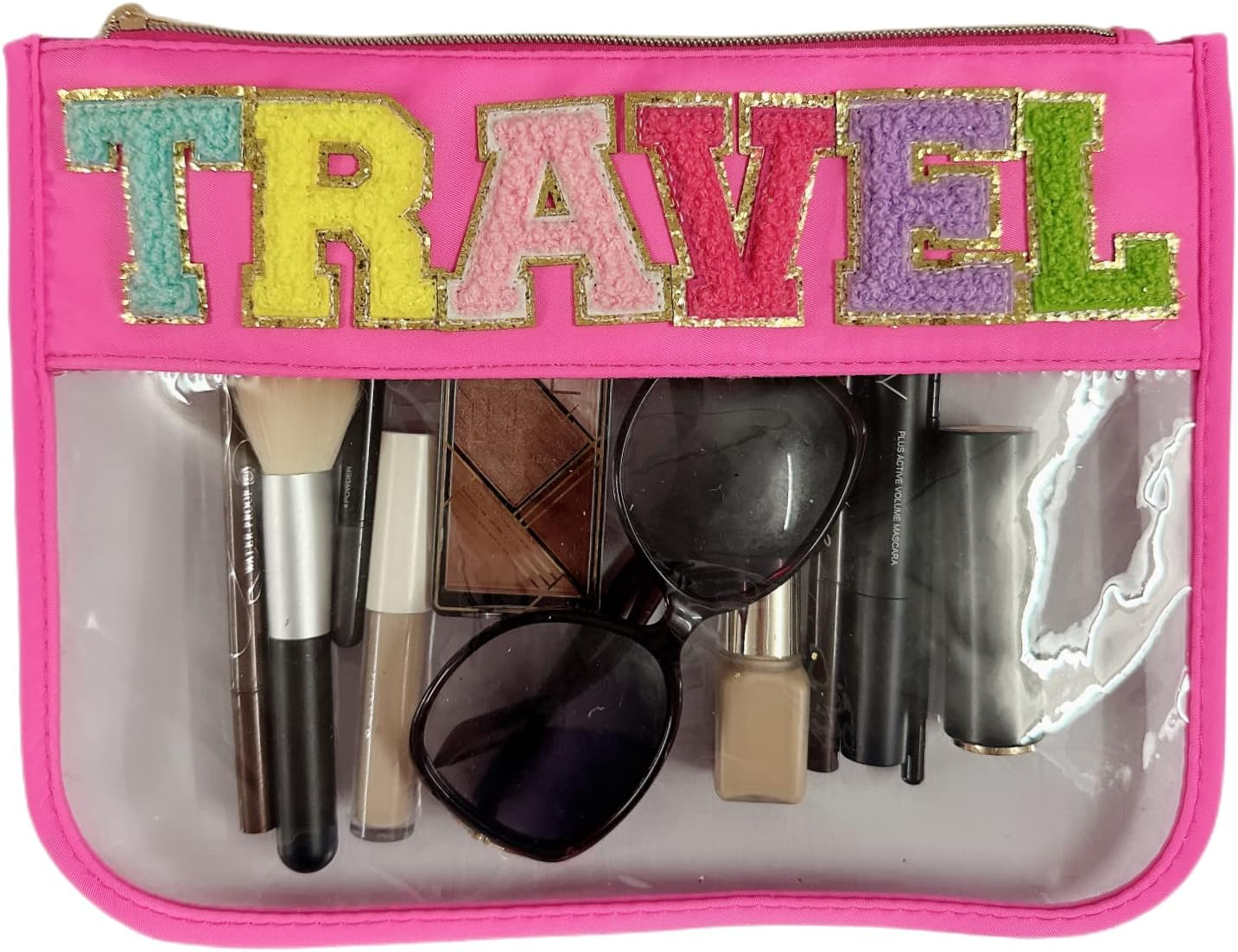 Clear Makeup Letter Bag, Chenille Patch Cosmetic Toiletry Pouch, Stadium Preppy Bags for Women Girls, Beige-Mama