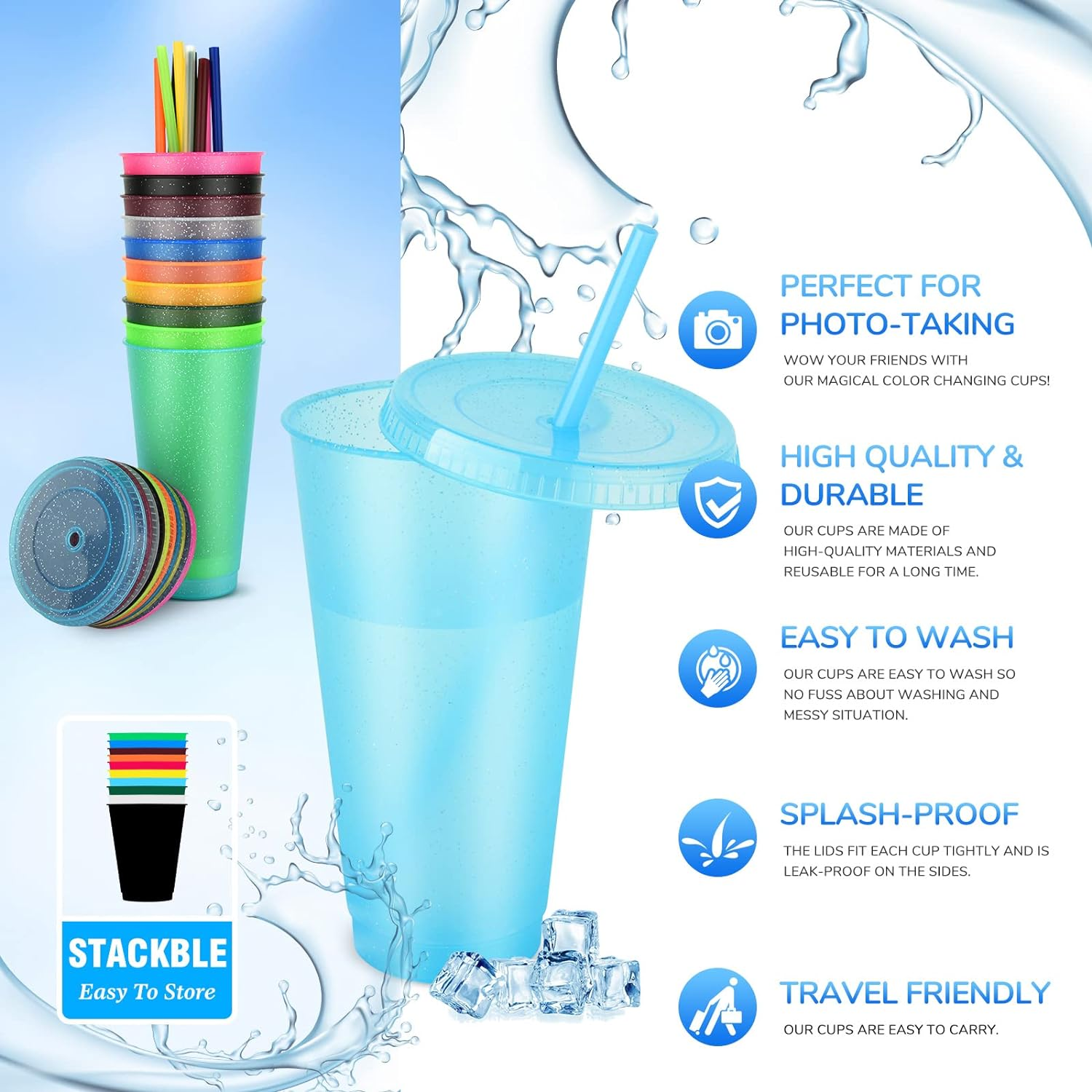 24Oz Reusable Plastic Cups with Straws & Lids:10 Pack Cold Iced Coffee Drinking Cup Colorful Straw Tumblers Bulk - Cute Durable Travel Party Cup for Adults image number 4