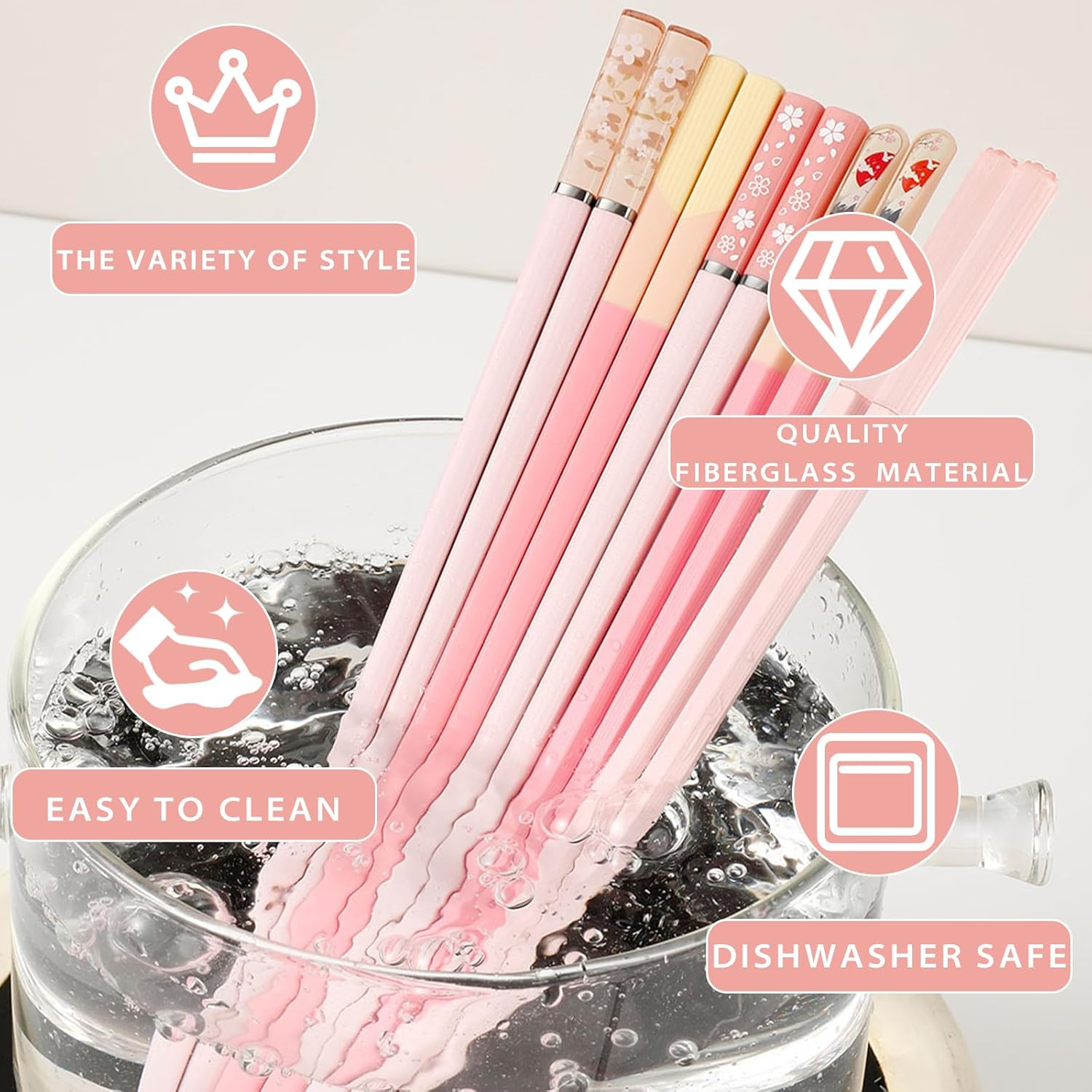 Pink Fiberglass Chopsticks Dishwasher Safe, 9.6In/24.3Cm Non-Slip Reusable Premium Chinese Korean Lightweight Hair Chopsticks, Christmas Chop Stick Gift Set, 5 Pairs image number 2