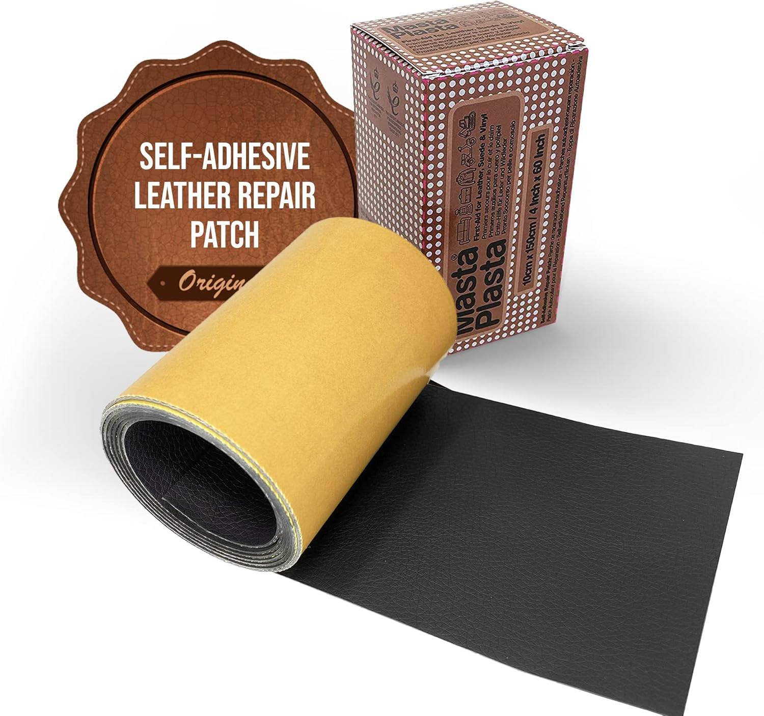 Mastaplasta Original Self-Adhesive Leather Repair Patches - Black 150 X 10 Cm (60 X 4In). Your Quick and Easy All-In-One Upholstery-Quality Leather Repair Kit for Sofas, Car Seats, Bags & DIY image number 1