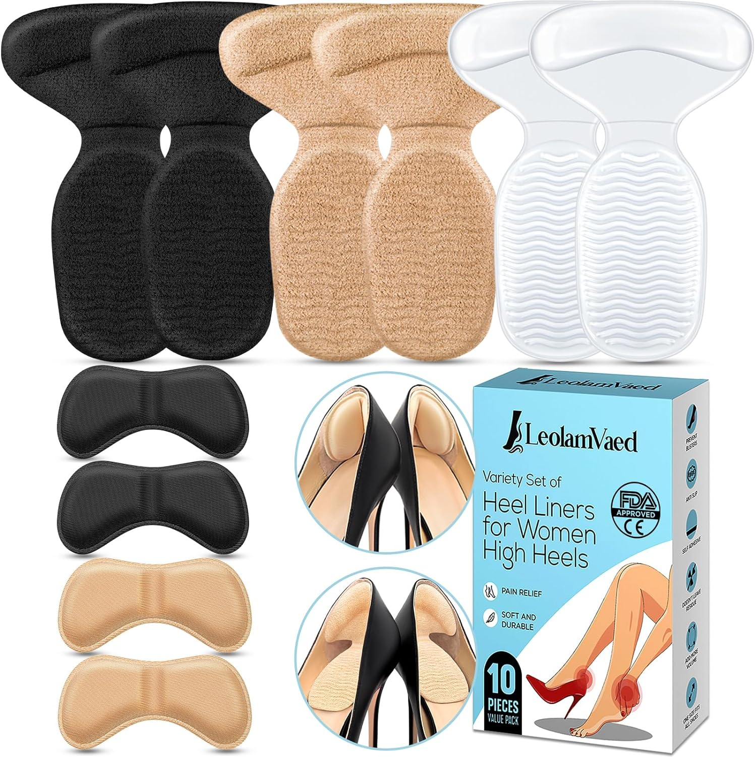 Reusable Metatarsal Pads Women, Ball of Foot Cushions for Women All Day Pain Relief and Comfort, Washable Heel Pads One Size Fits All High Heel Inserts (10 Pieces in a Set)