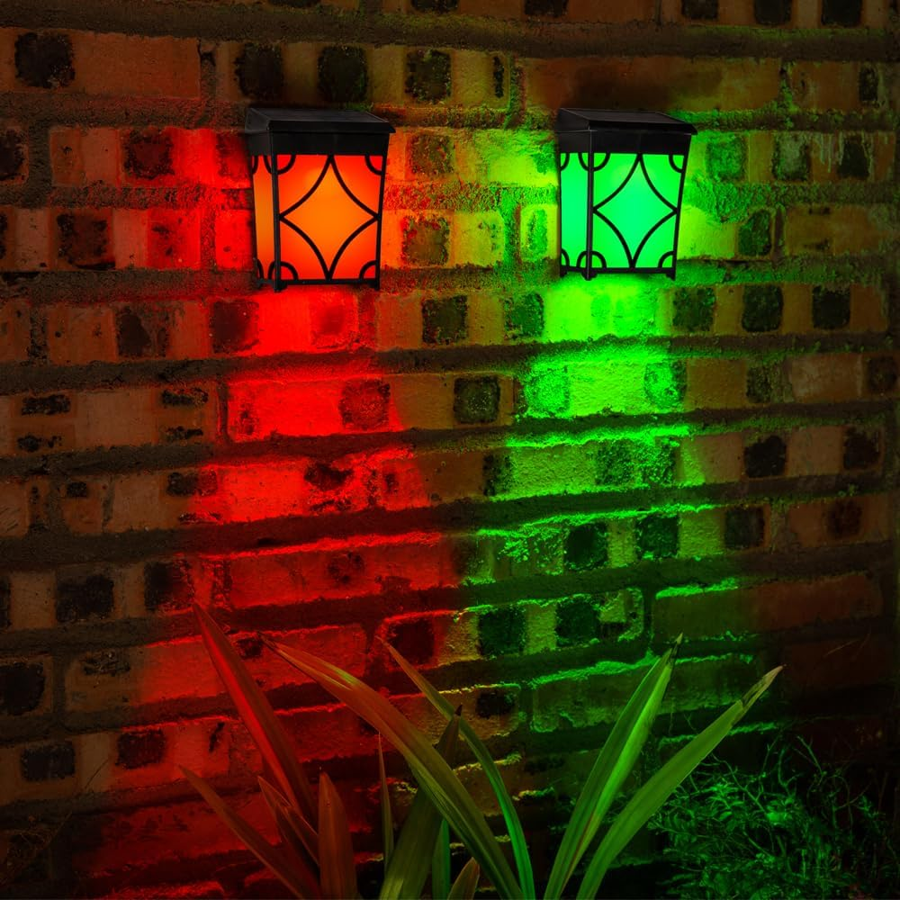 2 Pack Solar Deck Lights Outdoor Wall Light LED Garden Light Wireless Waterproof Fence Lights, Porch, Garage (Multi-Colored + Warm Light) image number 1
