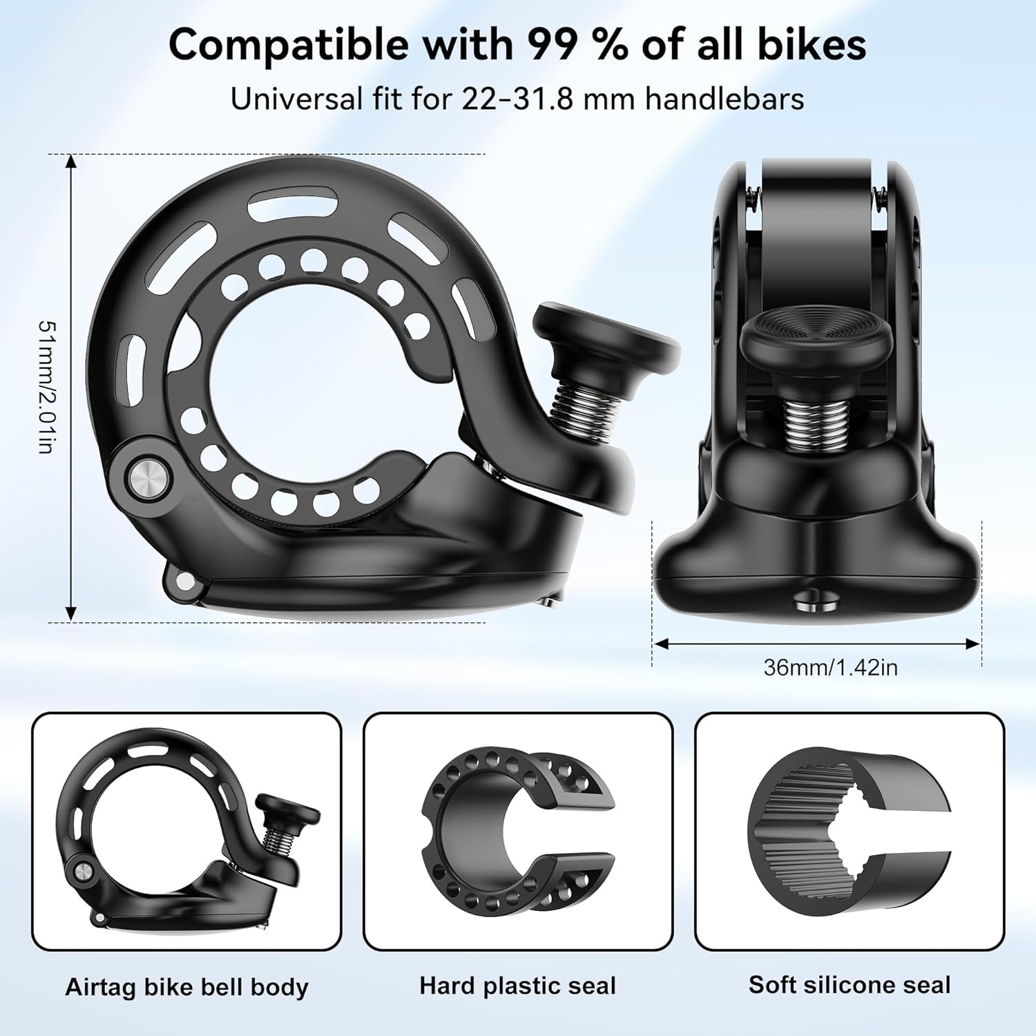 Bicycle Bell for Airtag, Airtag Hidden in the Bell, Waterproof, Incl. Screws & Tools, for Bike MTB Mountain Bike, Fits 22-31.8 Mm Handlebars