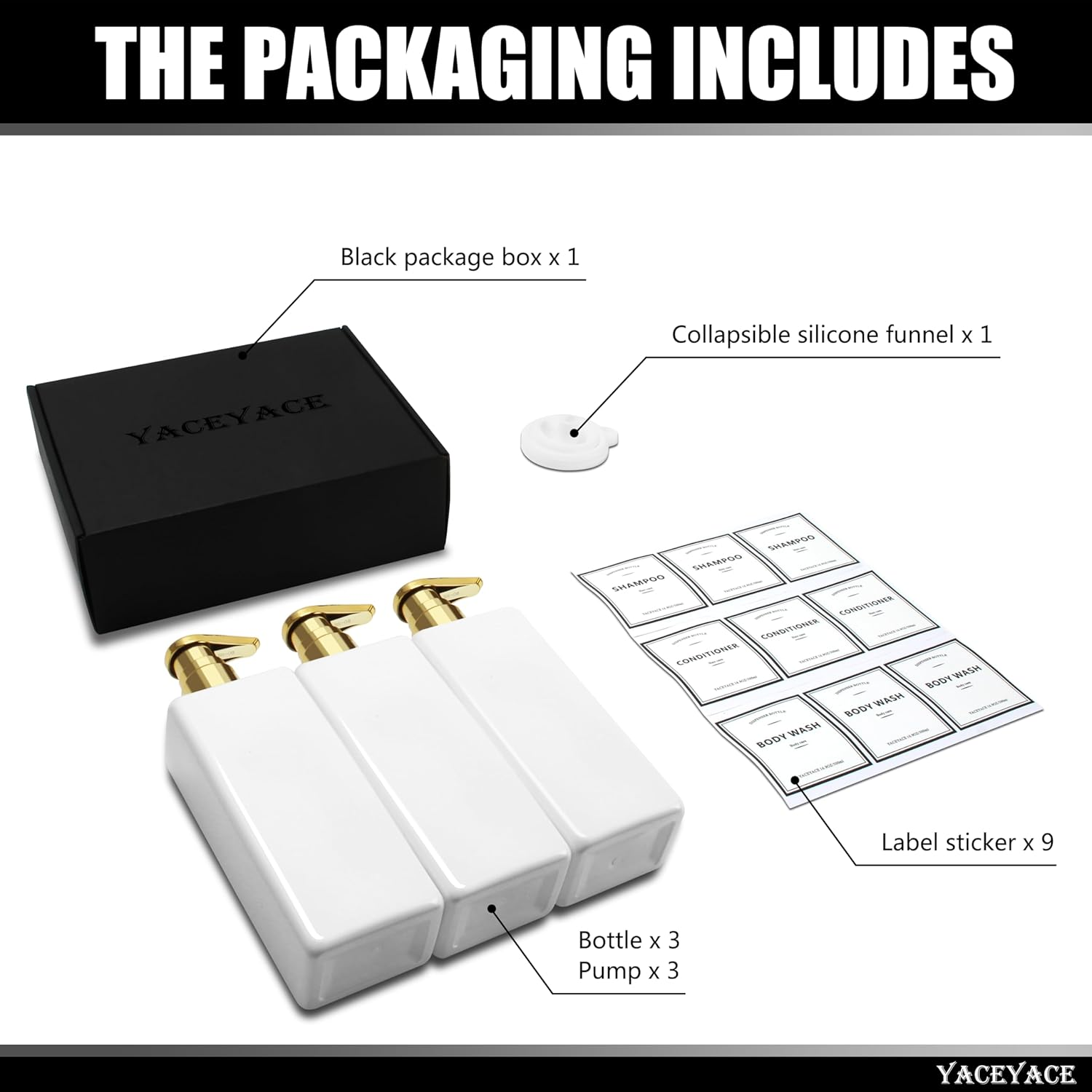 White Shampoo and Conditioner Dispenser, 500Ml Set of 3 Empty Black Shower Bottles with Pump, Shampoo Bottles for Bathroom, Kitchen, Solon image number 3