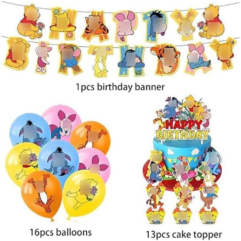 Buosha Winnie the Pooh Birthday Decoration Pack: Banner, 16 Balloons, 13 Cake Toppers - Yellow Winnie the Pooh Character Balloons image number 2