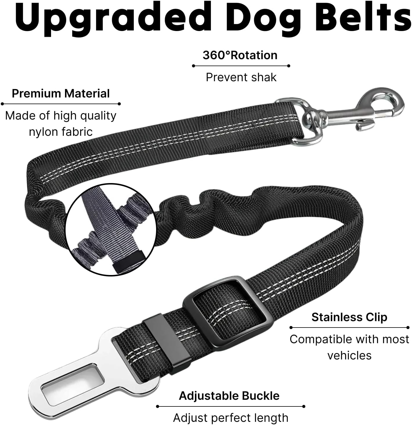 Adjustable 3 Pack Premium Dog Car Seat Belt, Heavy Duty Elastic Bungee Buffer Harness, Ensures Safety and Comfort for Dogs in Vehicles, Durable Nylon Fabric with Zinc Alloy Clips, Black image number 1