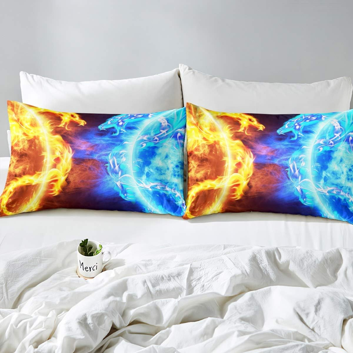 Loussiesd Ice Fire Dragon Duvet Cover Set for Boys Teenagers Children Oriental Beast Printed Bedding Set 135 X 200 Cm East Bed Set Lucky Animals Fairy Tale Theme Room Decoration 2 Pieces image number 3