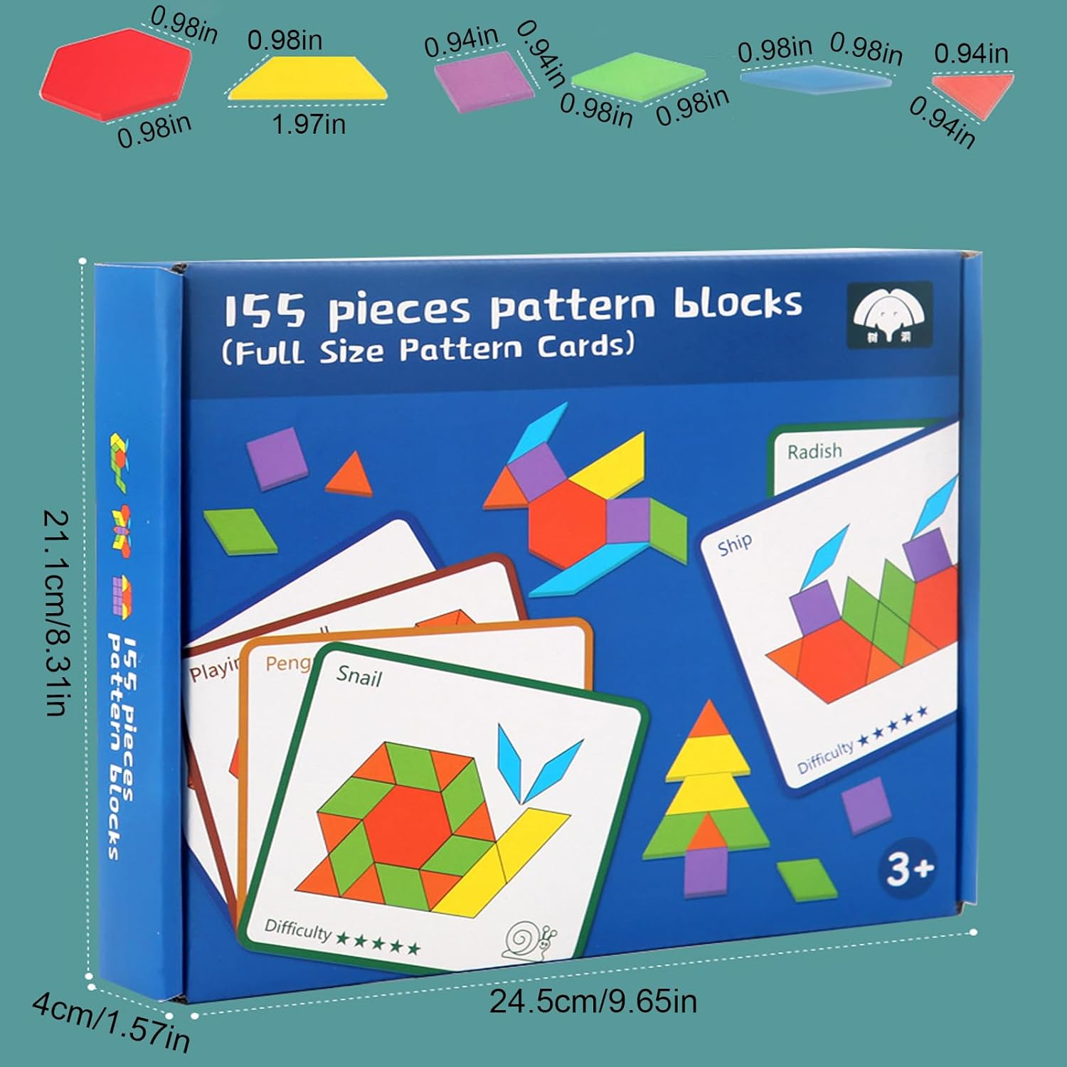 155 PCS Wooden Pattern Blocks Set Geometric Shape Puzzle Kindergarten Classic Educational Montessori Tangram Toys for Kids Ages 4-8 with 12Pcs Double Side Cards image number 3