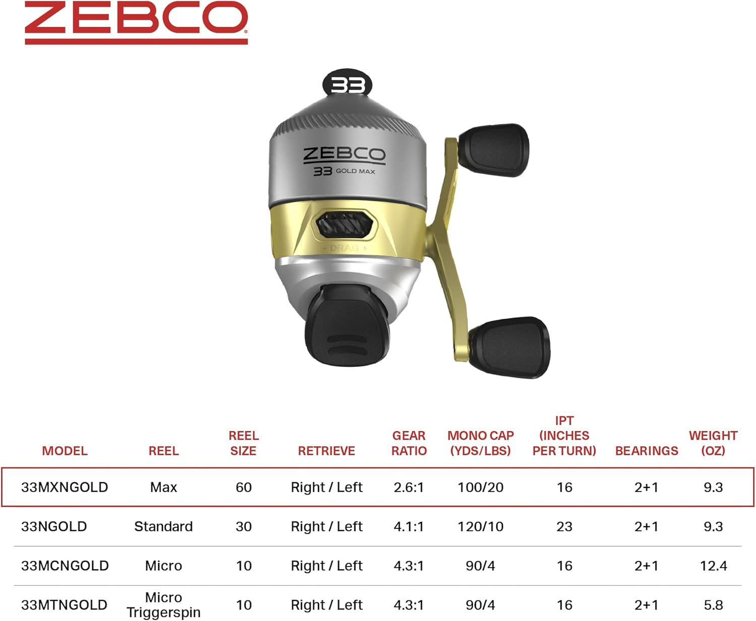 Zebco 33 Gold Spincast Fishing Reel, 3 Ball Bearings, Instant Anti-Reverse with a Smooth Dial-Adjustable Drag, Powerful All-Metal Gears with a Lightweight Graphite Frame, New Model