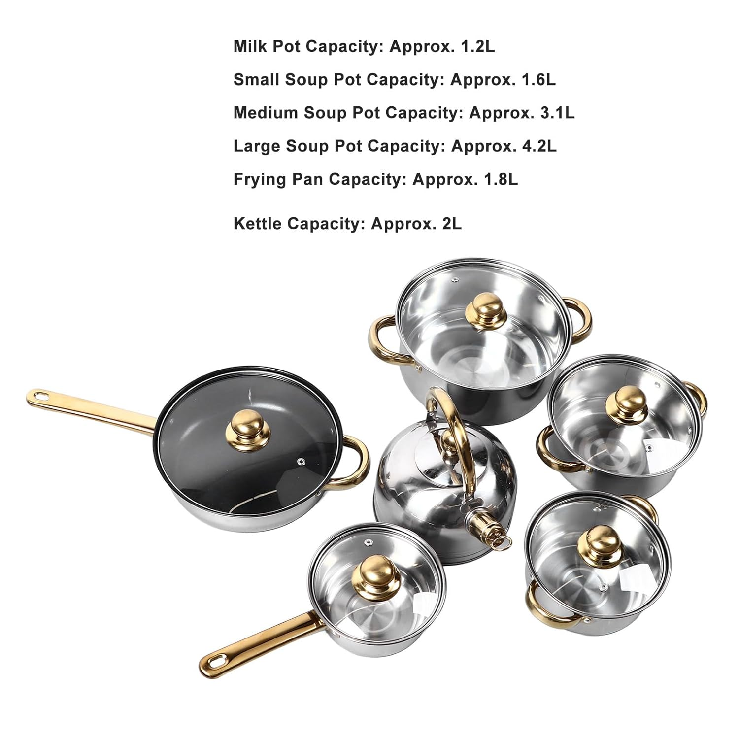 Stainless Steel Cookware Sets, 12Pcs Pots and Pans Kitchen Cooking Set with Golden Handle, Easy To, Kitchen Cookware Set for Induction Electric and Gas Cooktops