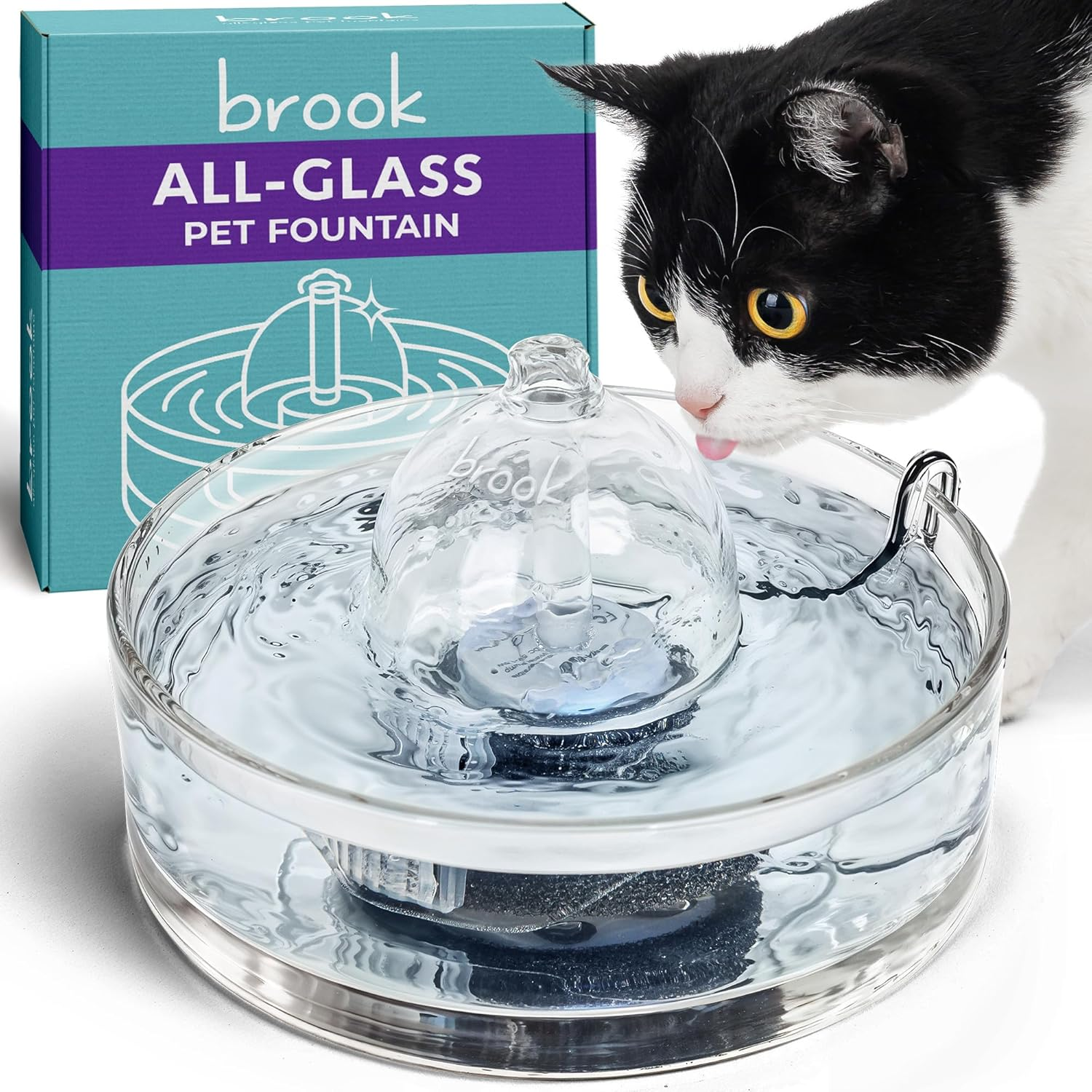 Brook Glass Pet Fountain (90Oz/2.7L) &ndash; Cat Water Fountain & Small Dog Drinking Fountain &ndash; Automatic Water Dispenser Cat Fountain