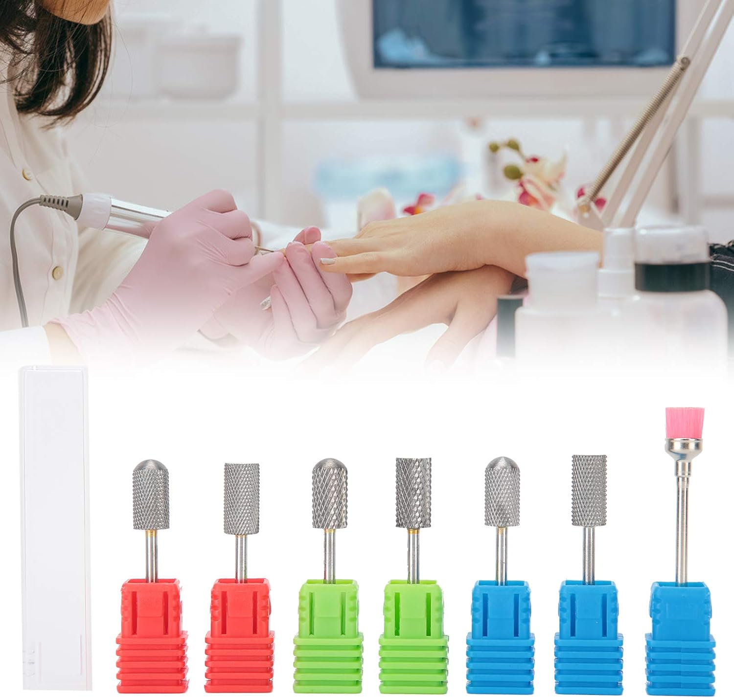 7Pcs Nail Drill Bits Set, 3/ Inch Electric Manicure Multi Functional Grinding Head, 6Pcs Tungsten Carbide Drill Bits, for Nail Polishing, Silver (2Xc & 2Xm & 2Xf & 1Pcs Brush) image number 3