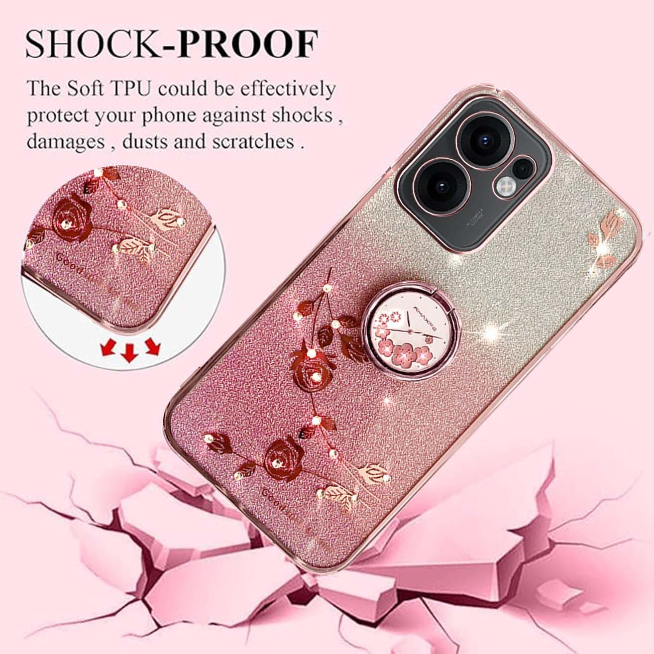 YUEQIAN Glitter Case for Oppo Reno13 F 5G/Reno 13F 4G/Reno13 FS, Ultra Thin Transparent Soft TPU Silicone Shockproof Mobile Phone Case, Shiny Diamond Flowers Ring Stand Women Protective Case Pink image number 1
