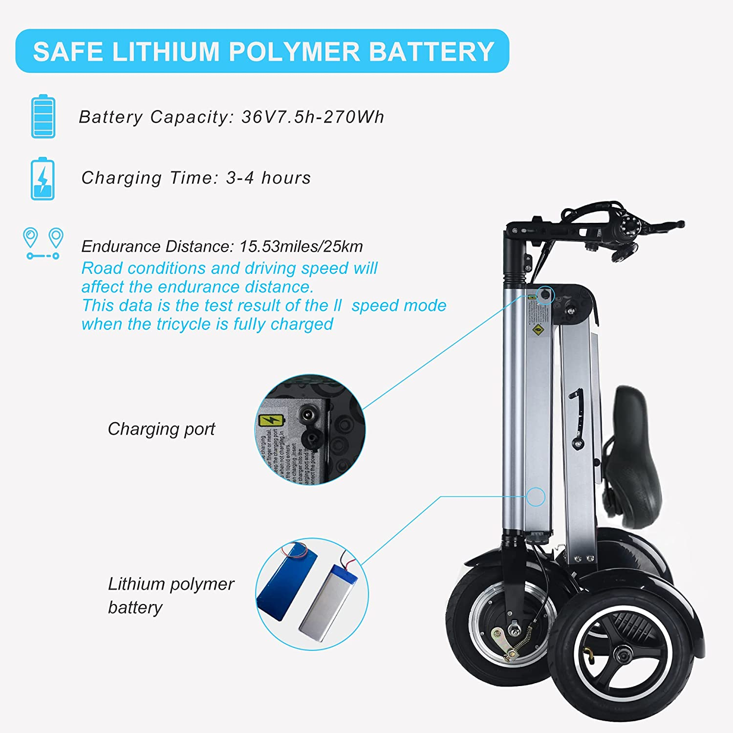 Topmate ES32 Electric Scooter 3 Wheels Foldable Trike with Seat for Adults, Light Weight Electric Scooter with Reverse Function and Key Switch, 10 Inch Pneumatic Tires Tricycle for Commute and Travel image number 4