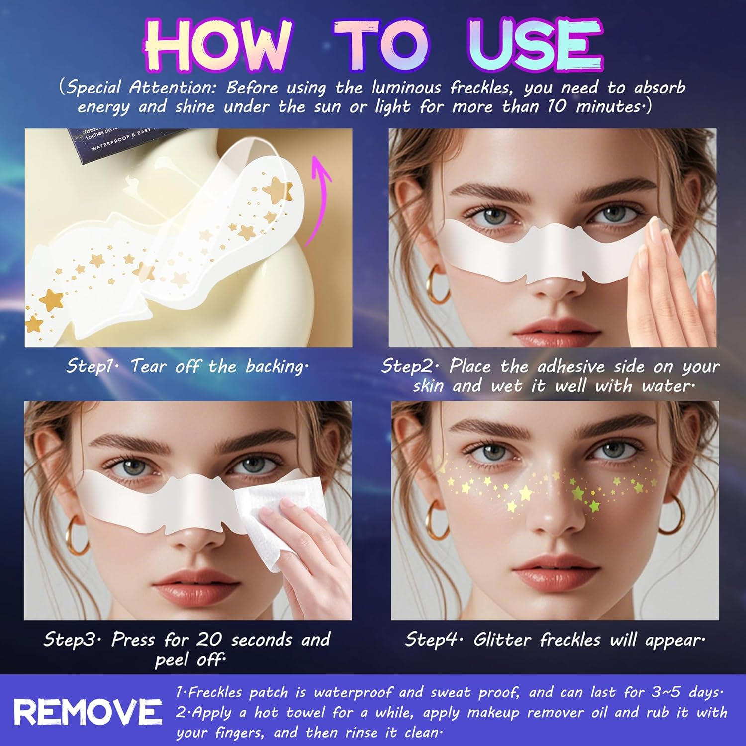 VANERIA Glitter Freckles Face Tattoo 8 PCS Sparkle Star Freckles for Girls,Face Glitter Makeup Patches (Rose Gold)