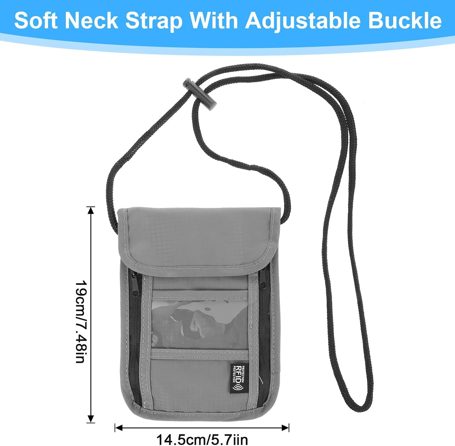 LXUEJIE Neck Pouch with RFID Protection, Anti-Theft Unisex Travel Wallet, Waterproof Neck Pouch, Men'S Hidden Chest Pocket for Passport, Credit Cards, Smartphone, Coins, Money (Black), Gray, 19 X 14,5 image number 5