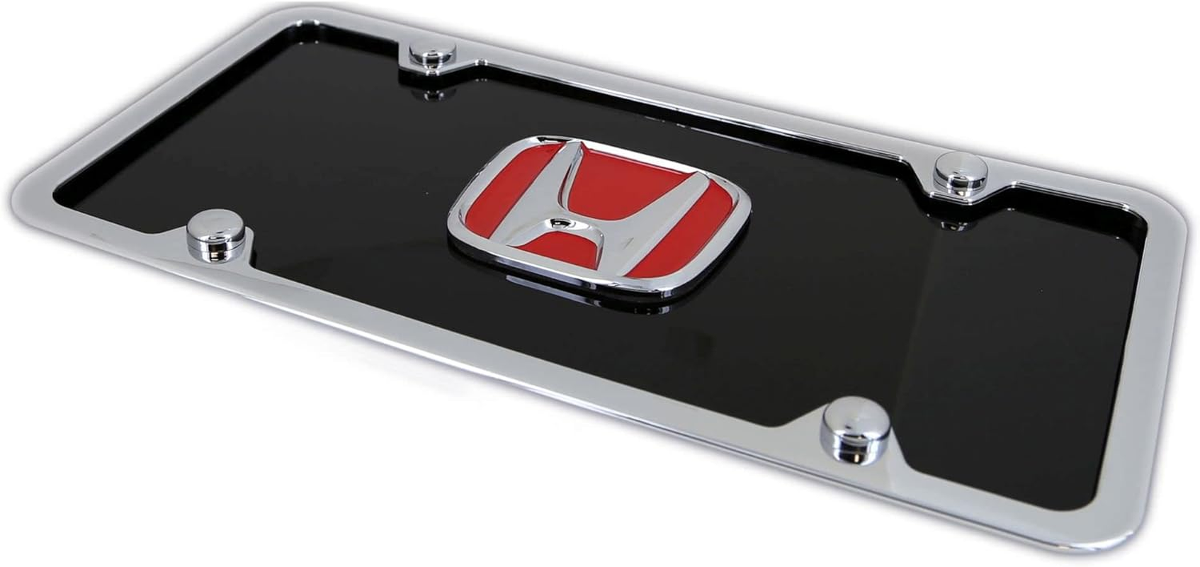 Honda Red Logo Black Acrylic License Plate with Chrome Frame Kit