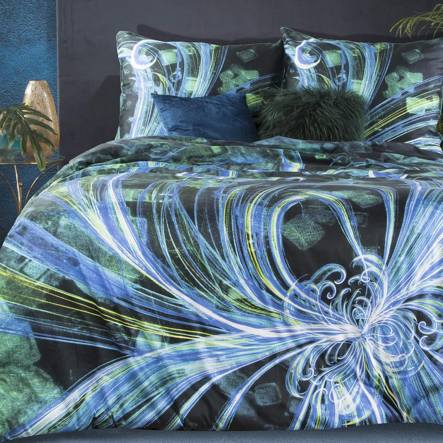 Eurofirany Bedding Pattern Print Striking Cotton Set 2 Pillow Cases 1 Duvet Cover, Blue, 160X200Cm+2X/70X80Cm