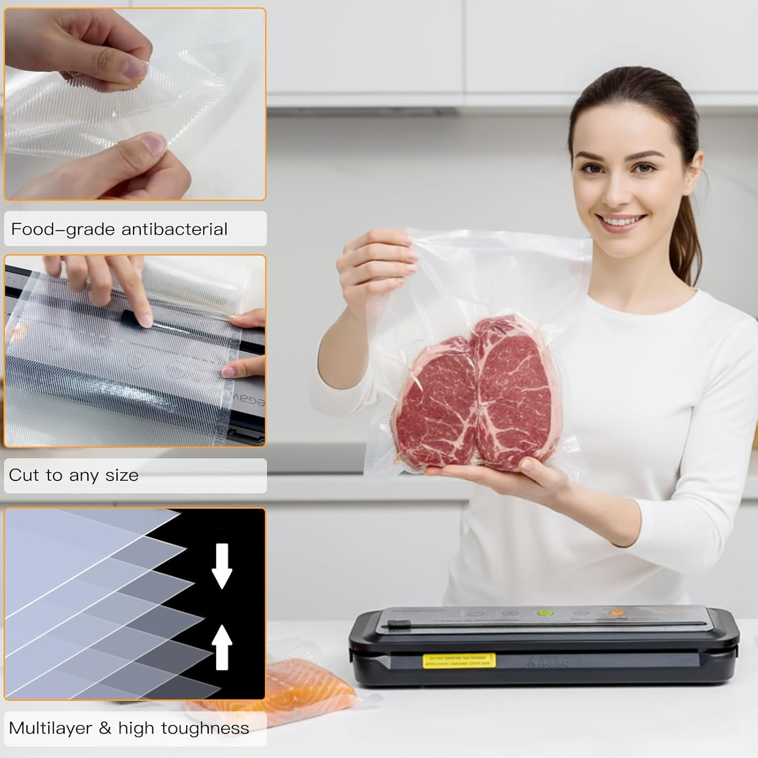 Megawise Vacuum Sealer Bags, 8-Inch Wide X 21.6 Feet Long, Compatible with Megawise & Most Vacuum Sealers, Durable & Bpa-Free Rolls for Food Storage image number 6