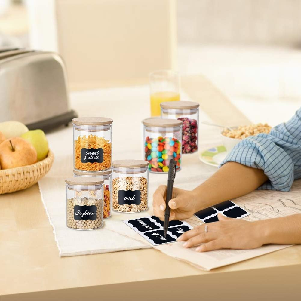 QIXIAOTOUQI Circular Glass Food Storage Jars 250Ml,12 Set Spice Jars Clear Storage Containers with Airtight Bamboo Lid,Small Food Cereal Storage Canister for Home Kitchen Tea Herbs Coffee Flour Herbs