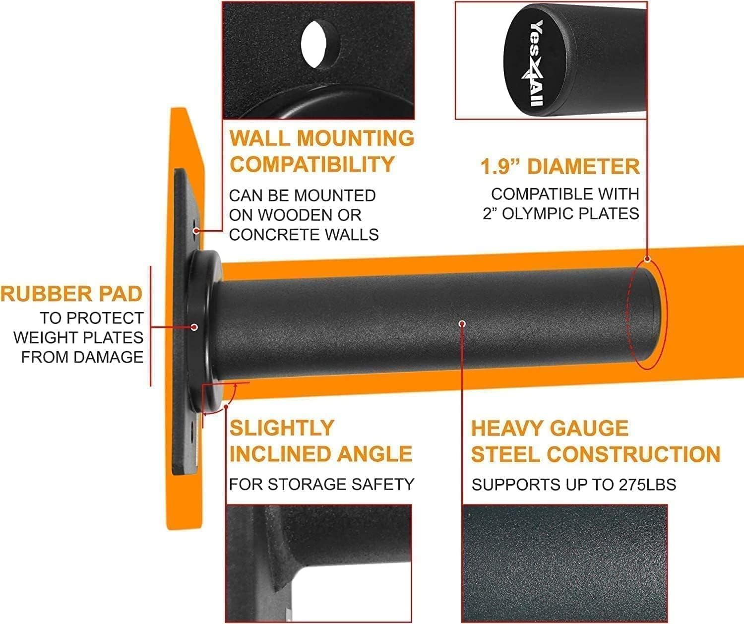 Yes4All Wall Mounted Weight Plate Holder, Weight Storage Rack &ndash; Fits 2&rdquo; Olympic Weight Plate, 249 Kgs - 550 Lbs per Pair Capacity image number 4